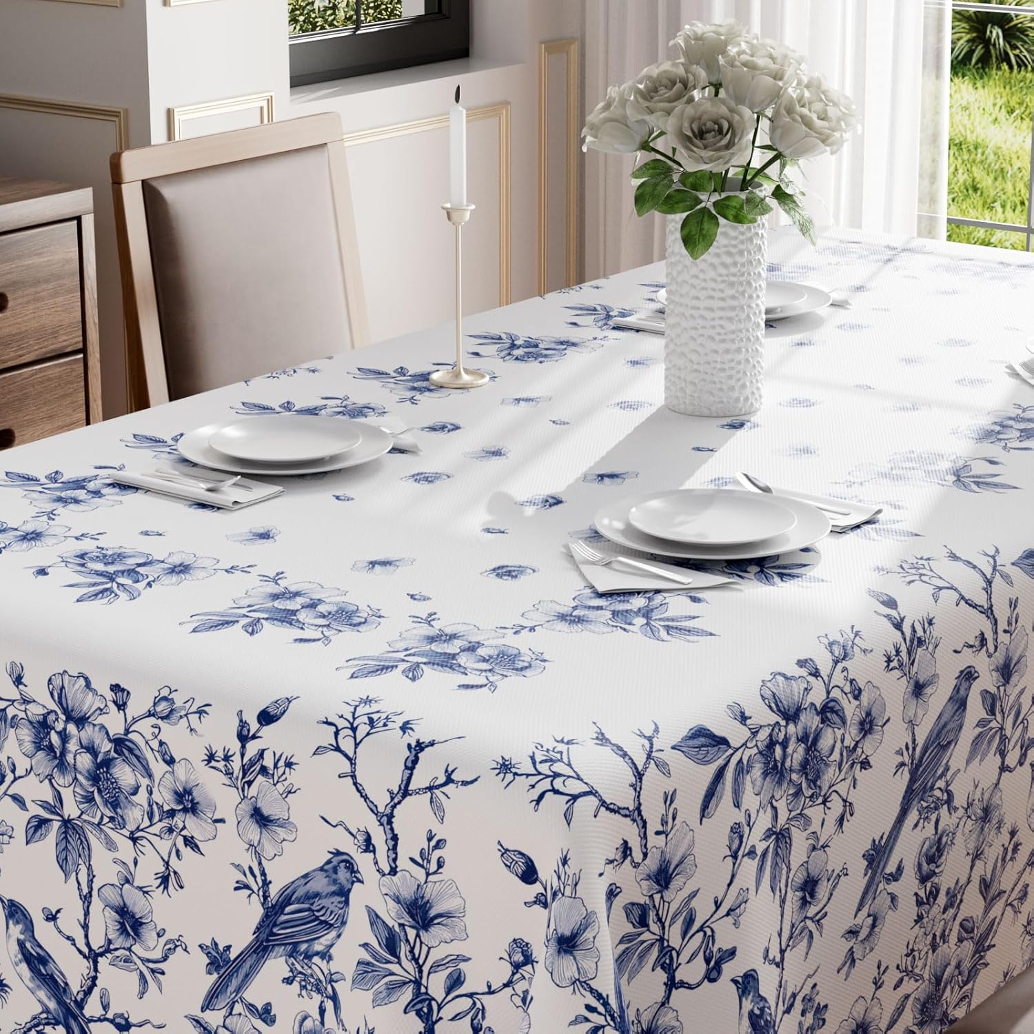 XCHI Blue and White Porcelain Birds Flowers Tablecloth 60x84 Inch