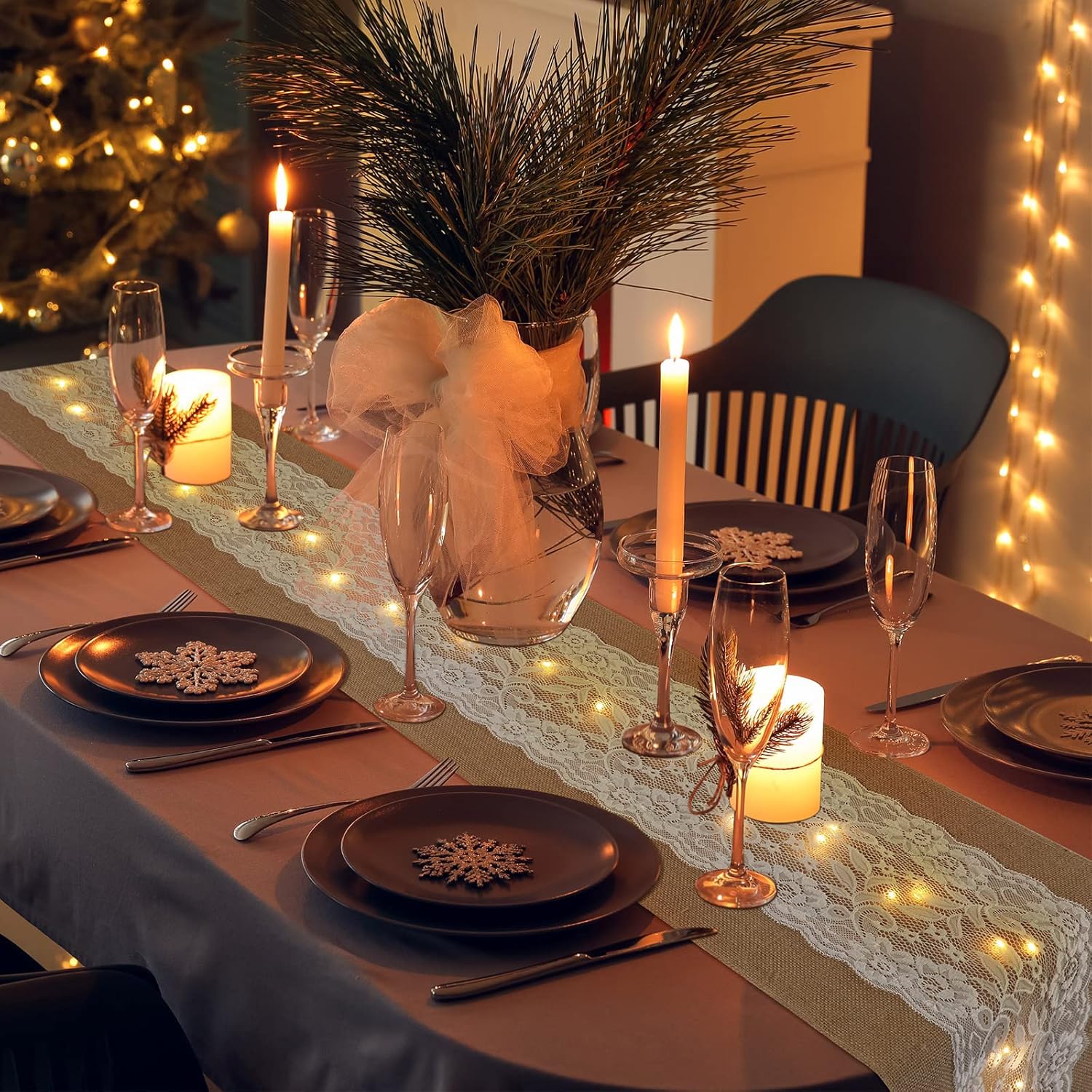 Tudomro 6 Pcs Burlap Table Runner with LED Lights 12x108 Inches