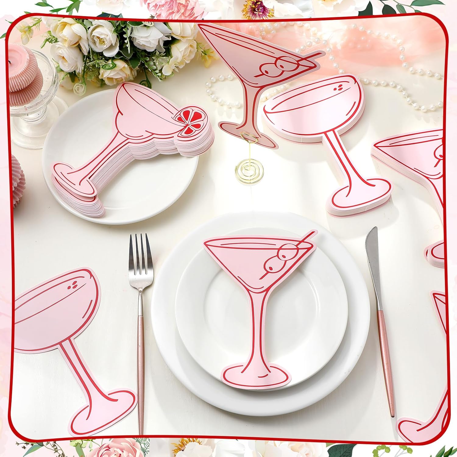 100 Pcs Pink Cocktail Themed Place Cards for Parties