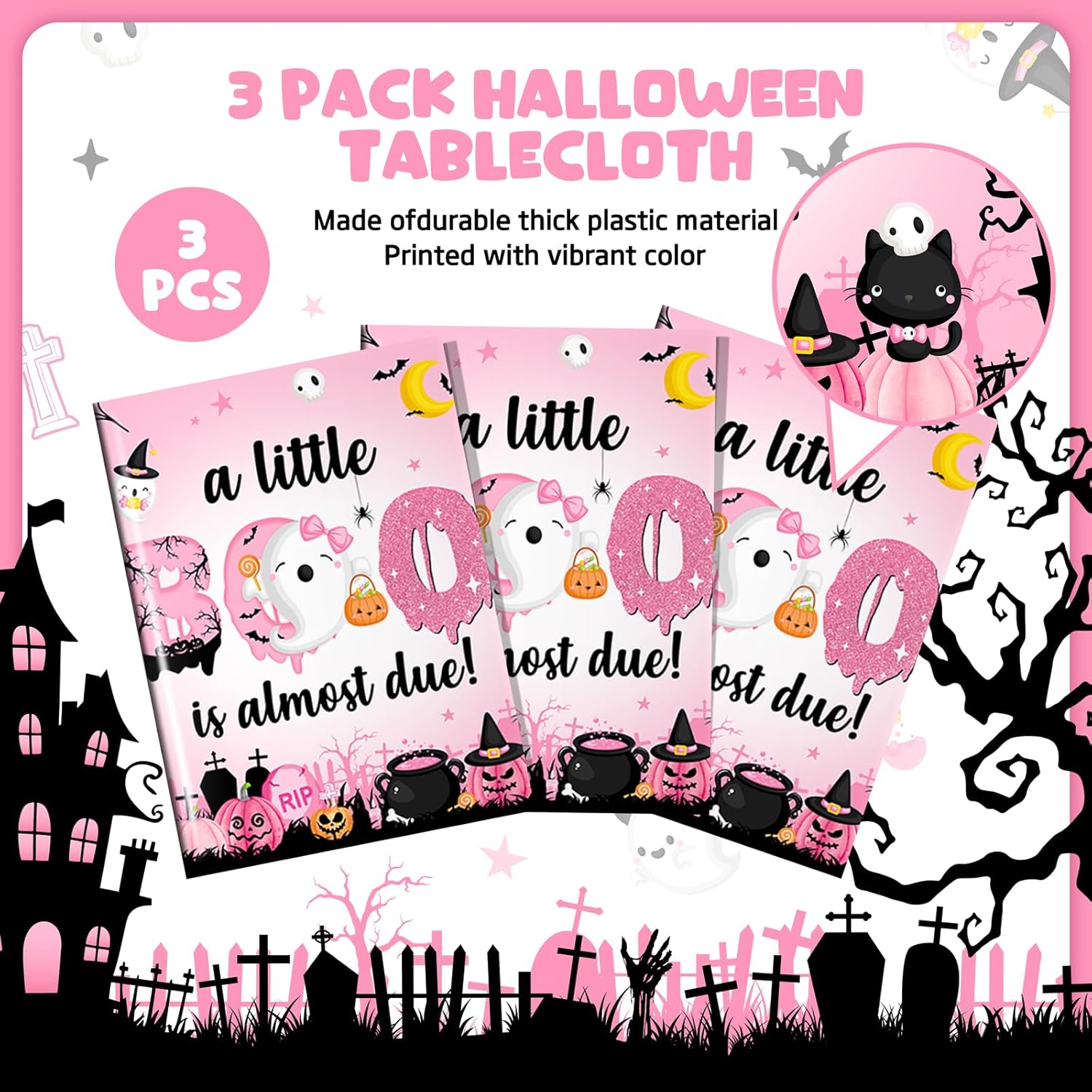 Pink Halloween Baby Shower Tablecloth Set 3Pcs