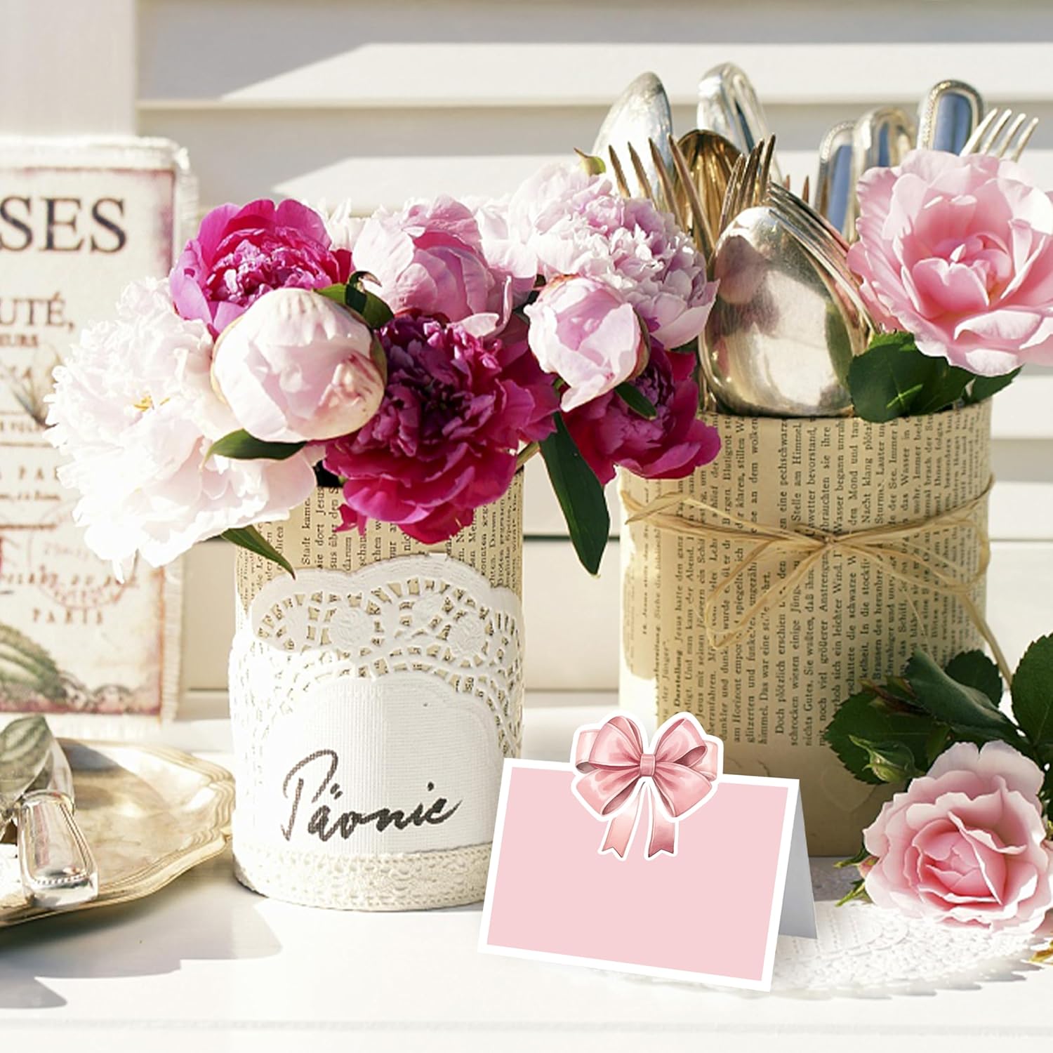 24 Pcs Pink Bow Place Cards for Baby Shower and Birthday Party