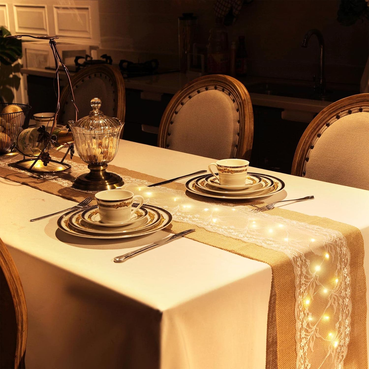 Xinnun 6 Pcs Burlap Table Runner with Lights