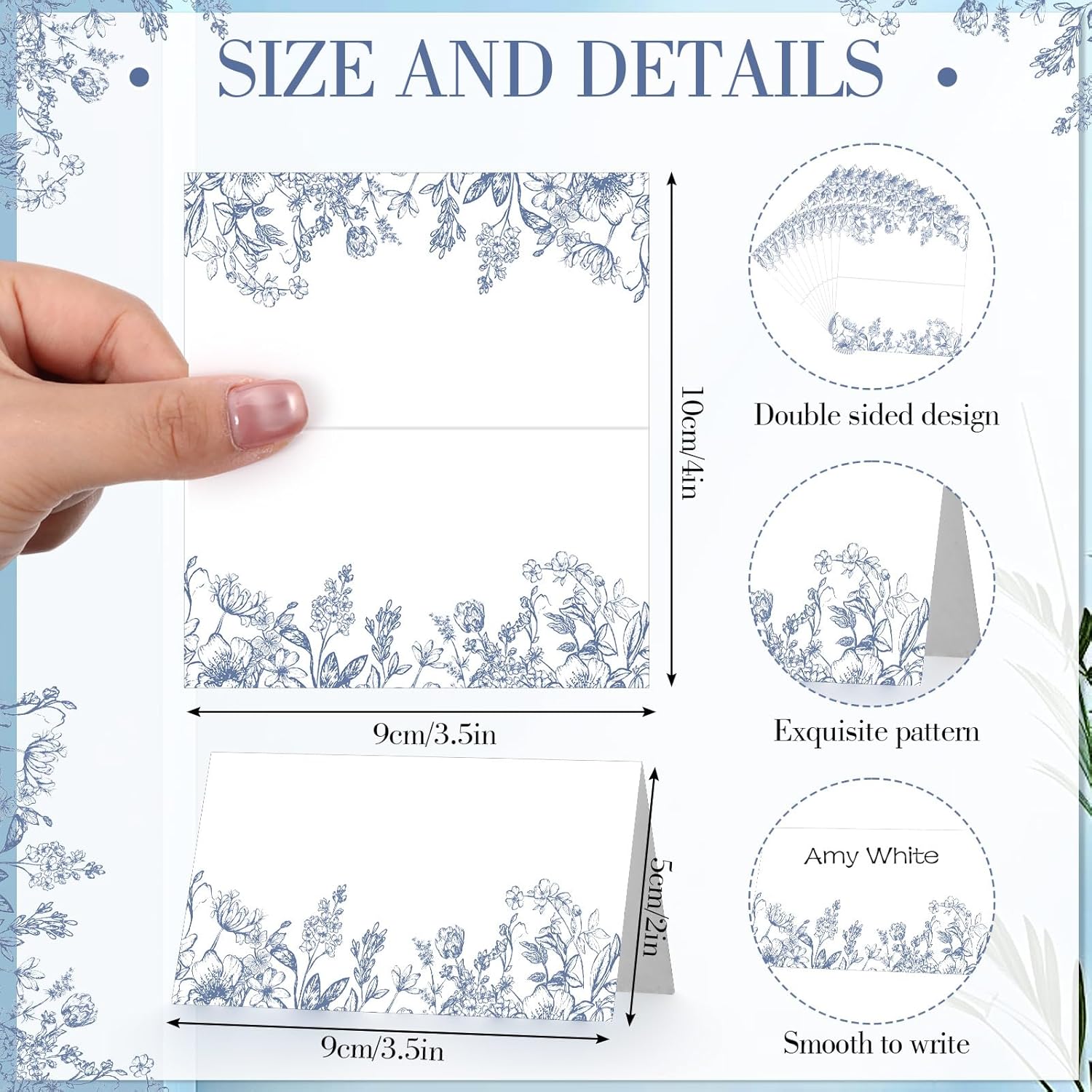 100 Pcs Blue Floral Tented Place Cards Wedding Party Supplies