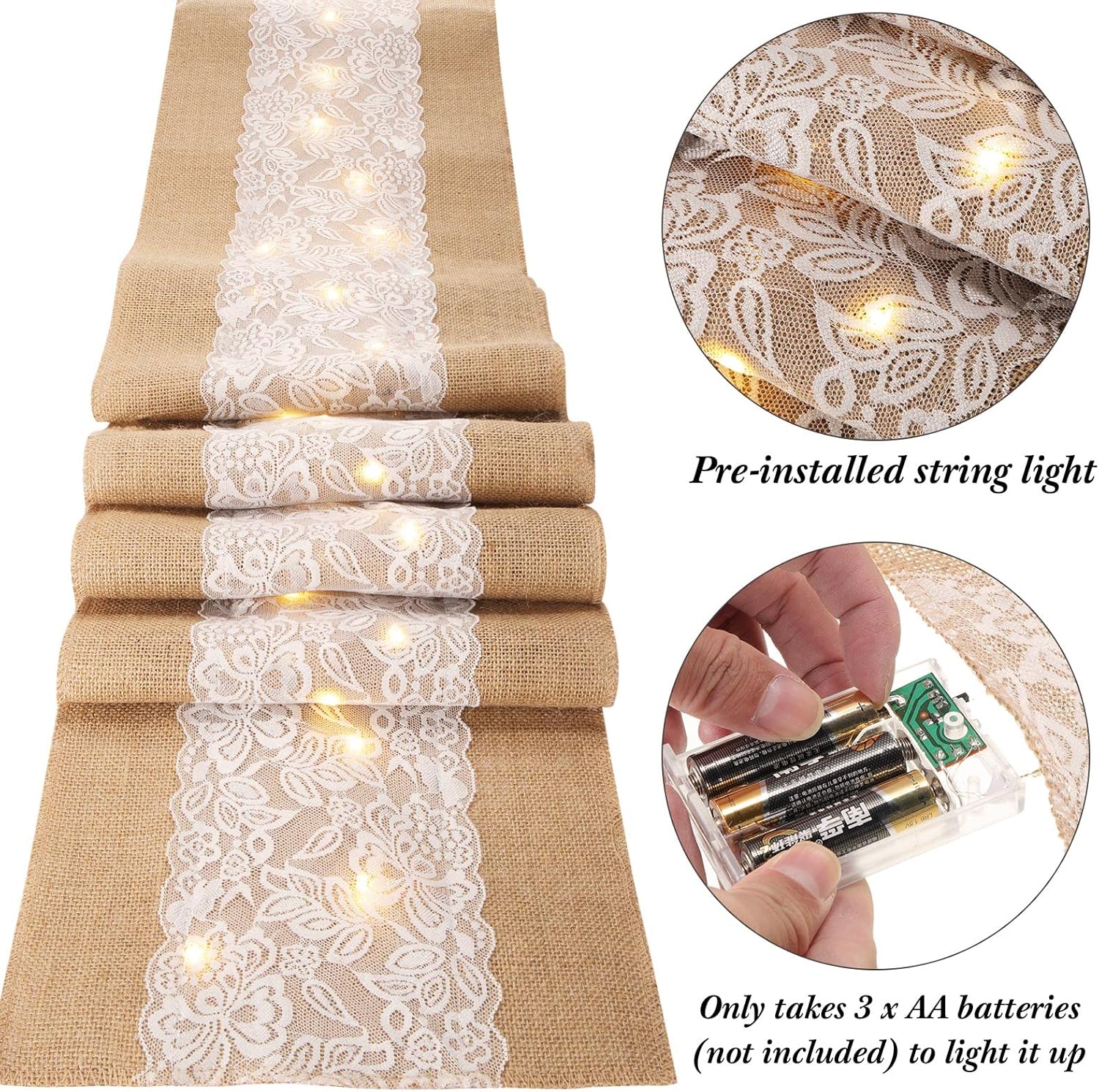 Xinnun 6 Pack Burlap Table Runner with LED String Lights