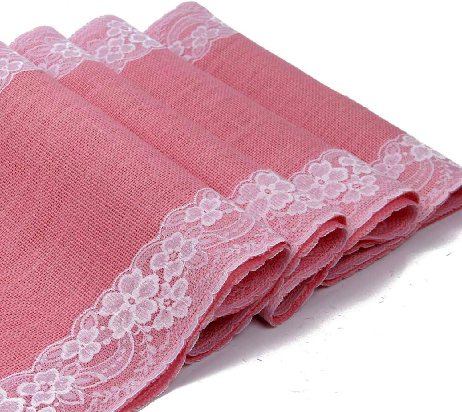 AAYU Pink Burlap Table Runner Placemat with Ivory Lace