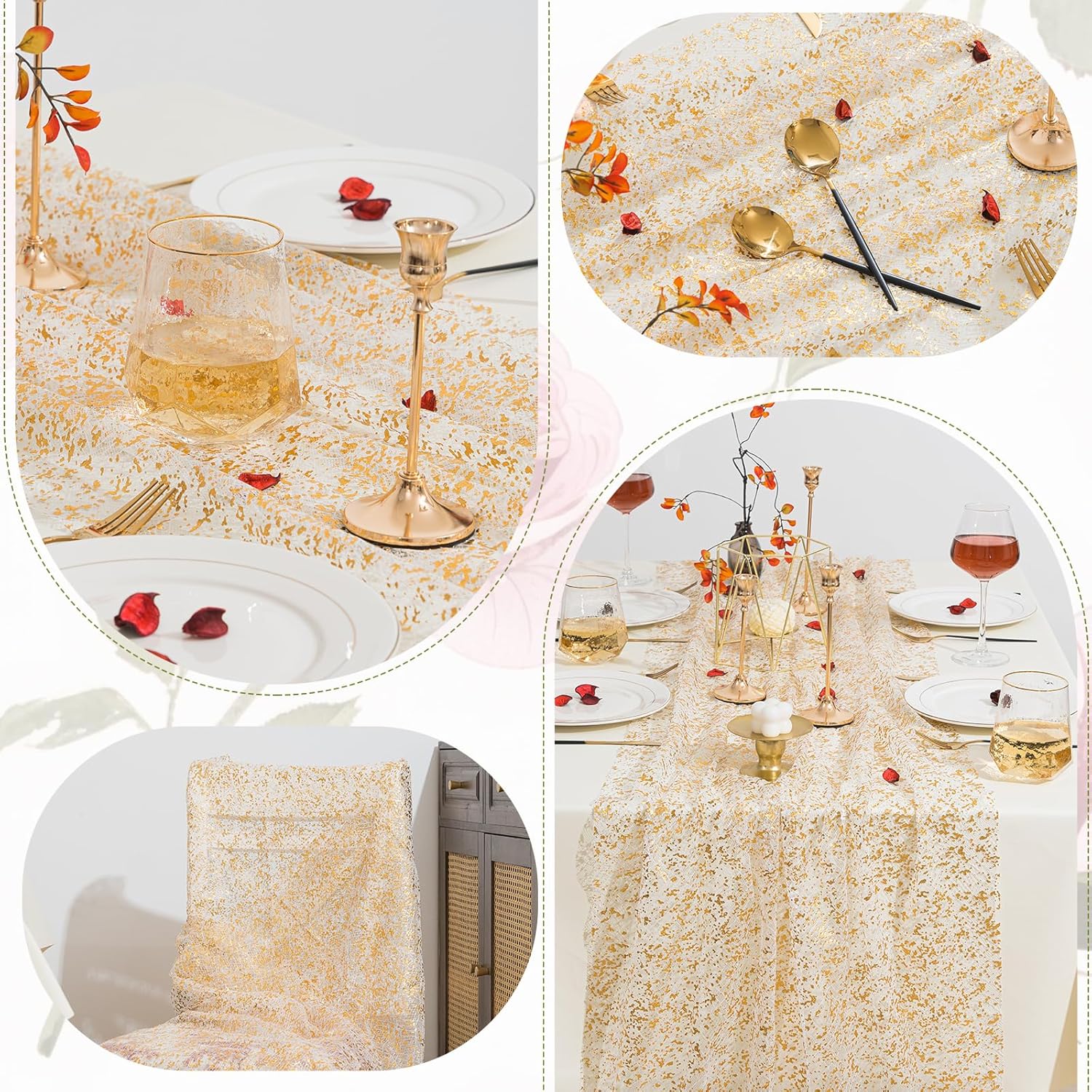 3 Pcs Gold Table Runners with Glitter Metallic Foil