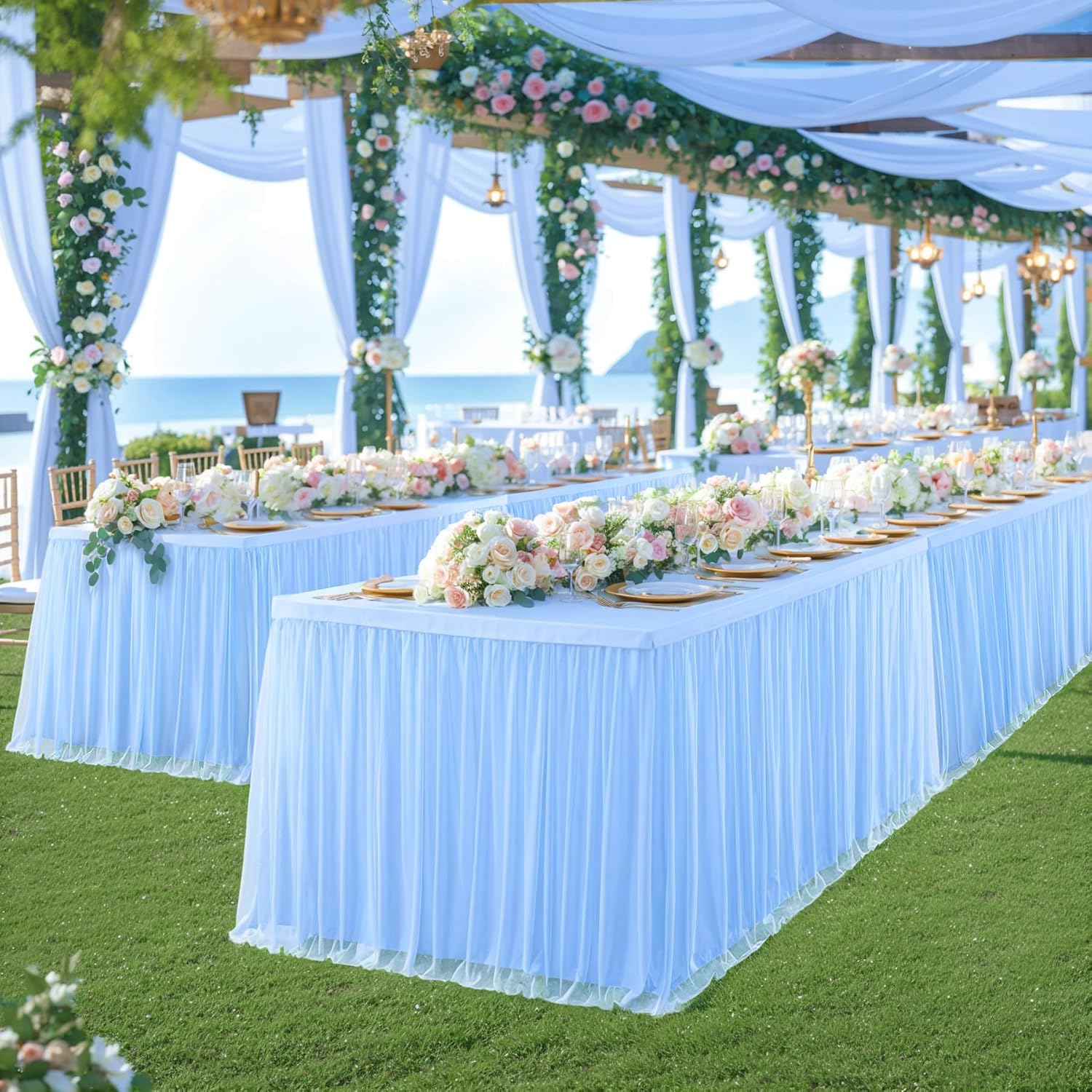 Tao-Ge Baby Blue Tulle Tablecloth for 6ft Rectangle Tables