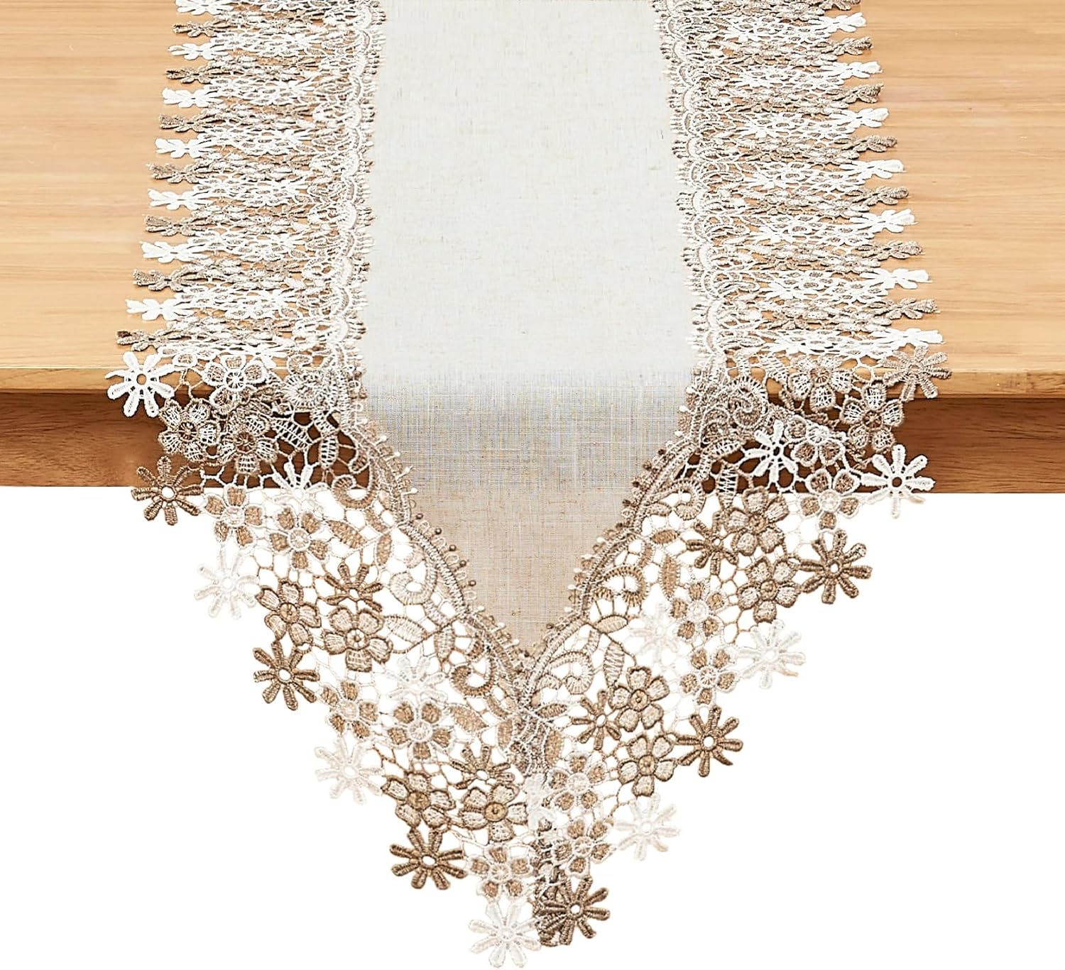 Natural Neutral Earth Tones Beige Floral Lace Table Runner 72 Inches Long