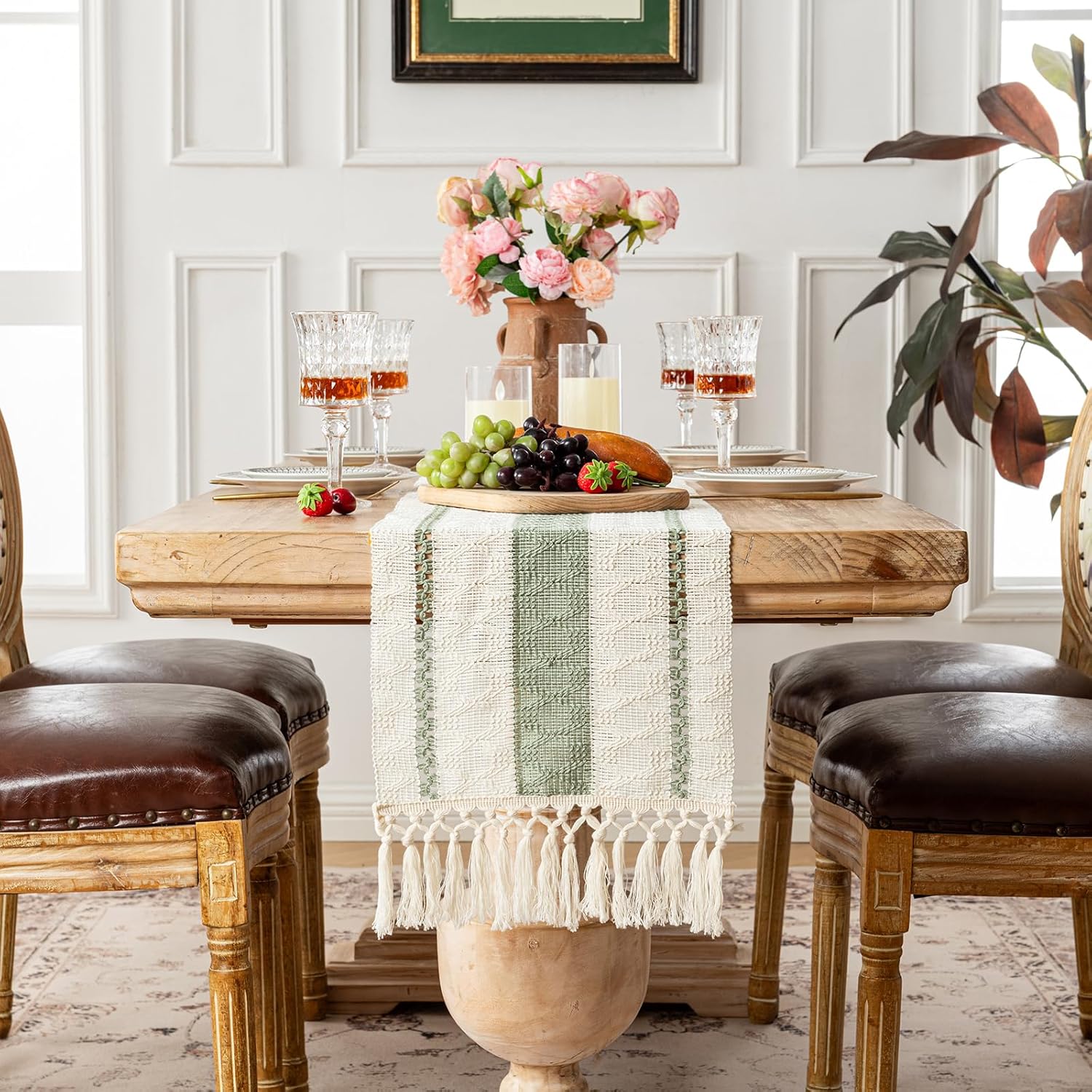Fancy Homi Sage Green Macrame Table Runner 48 Inches