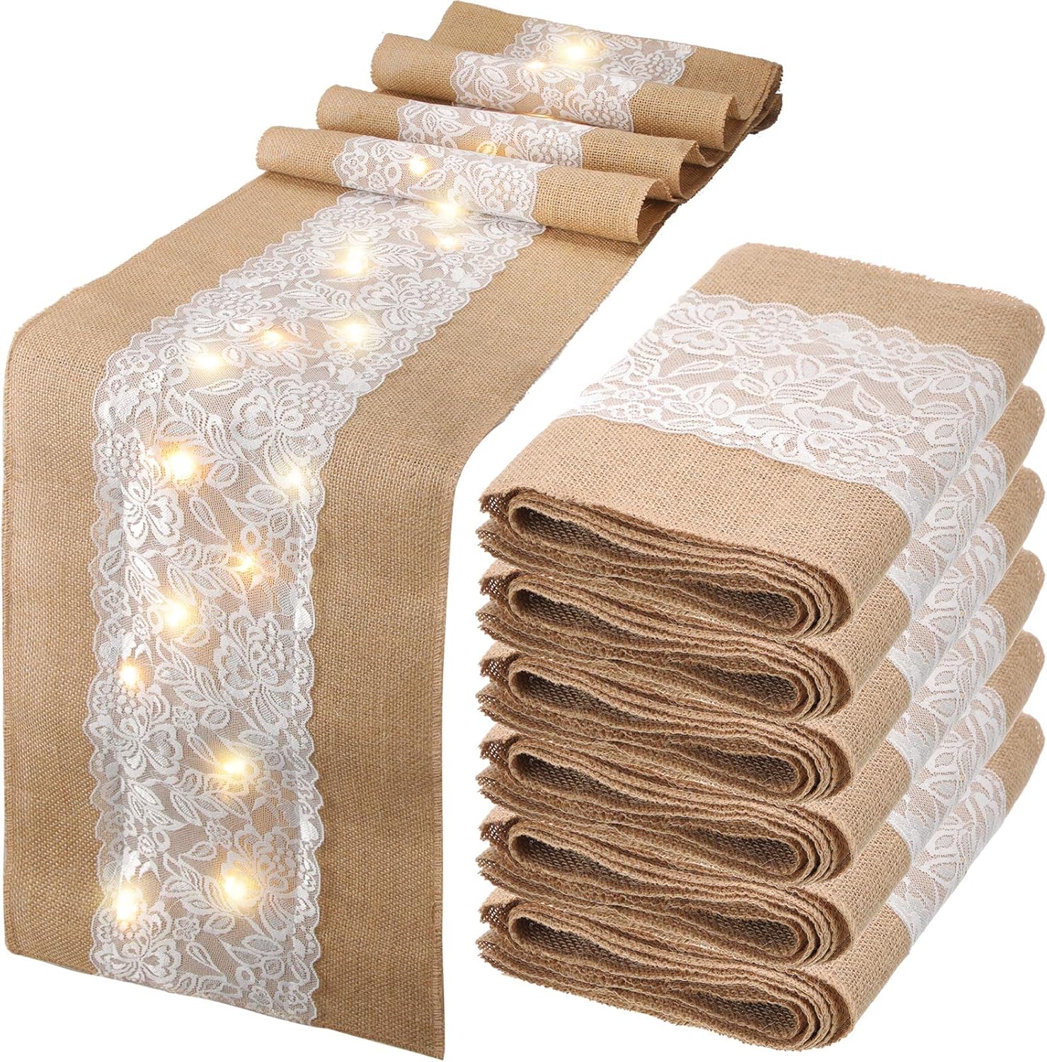 Xinnun 6 Pack Burlap Table Runner with LED String Lights