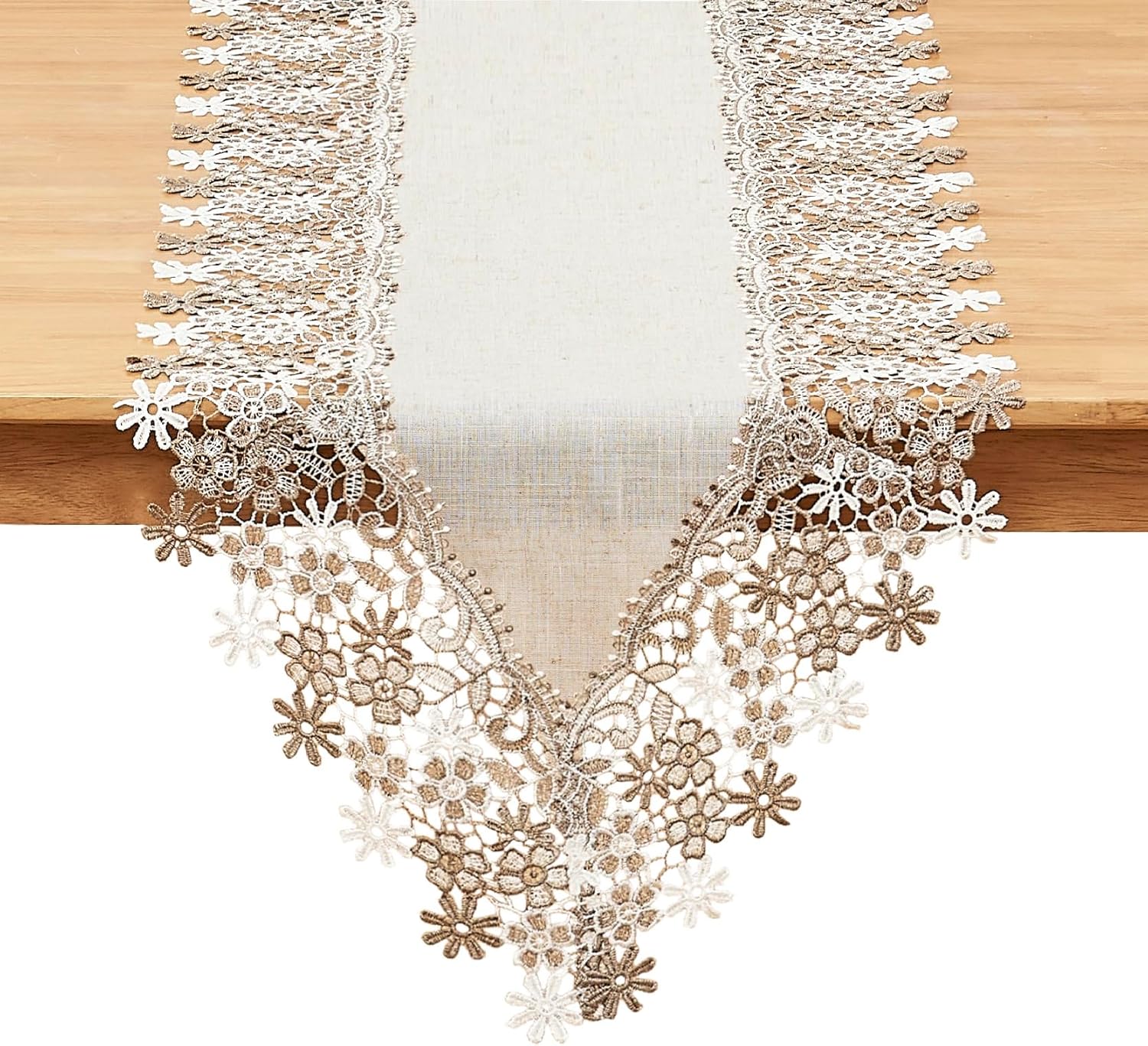Natural Neutral Earth Tones Beige Floral Lace Table Runner 36 Inches Long
