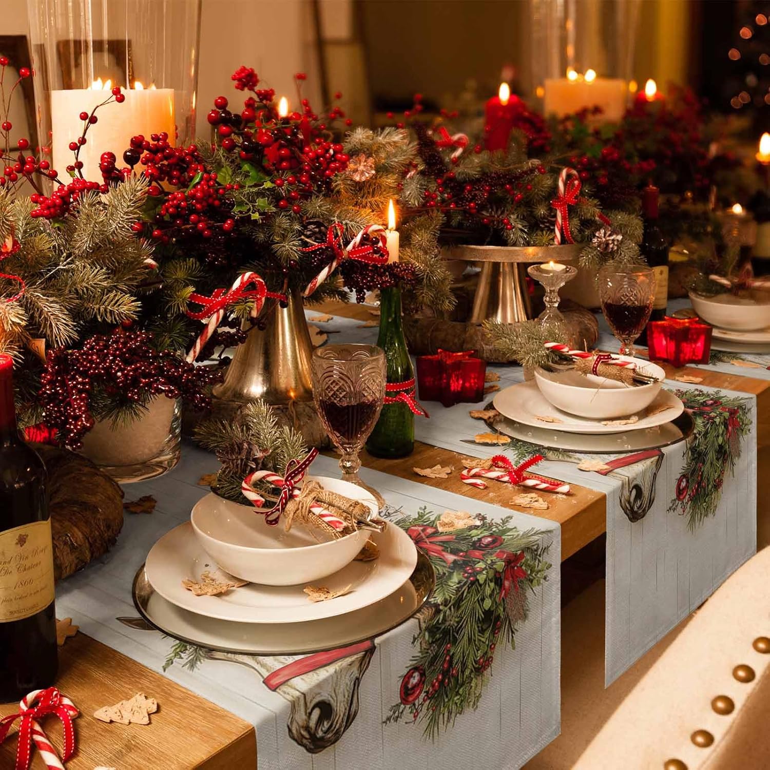Merry Christmas Horse Garland Linen Table Runner