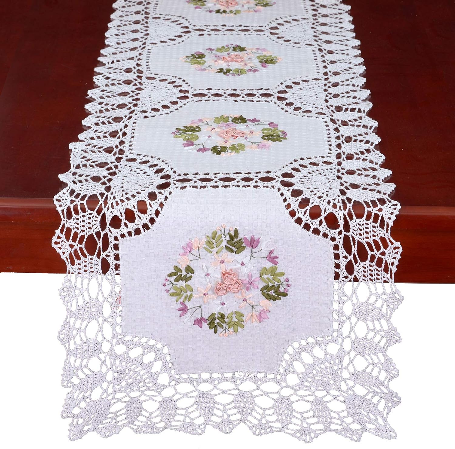 Grelucgo Crochet Table Runner with Ribbon Embroidery 17x72 Inch