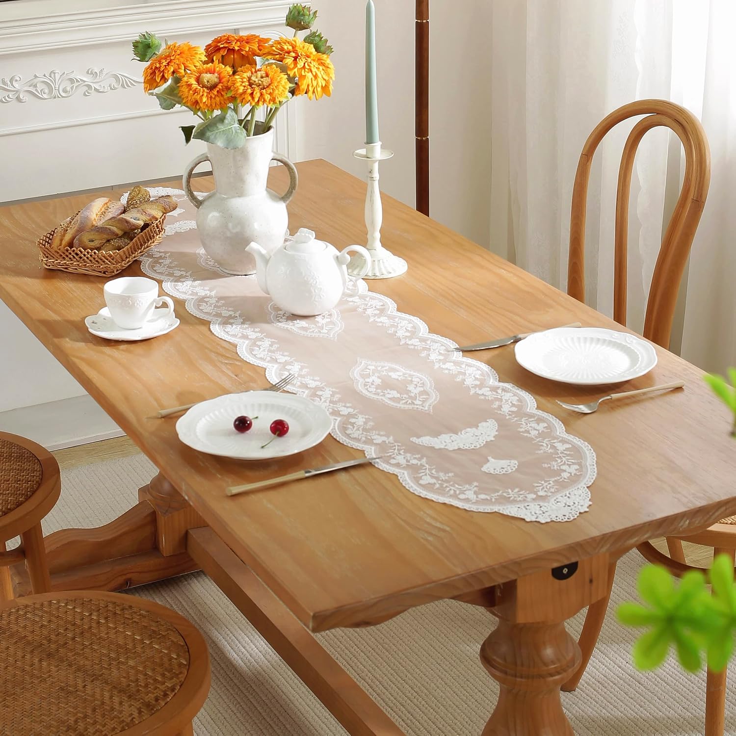 White Lace Table Runner with Flower Embroidery 12x59