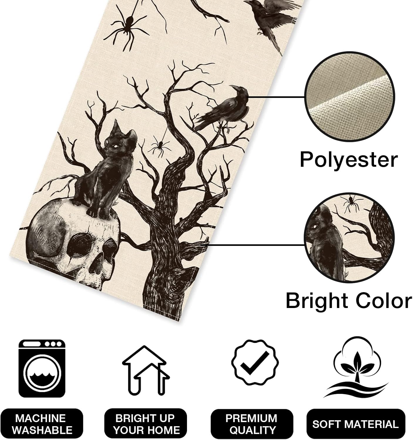 Seliem Halloween Gothic Skull Black Cat Table Runner 13x72 Inches