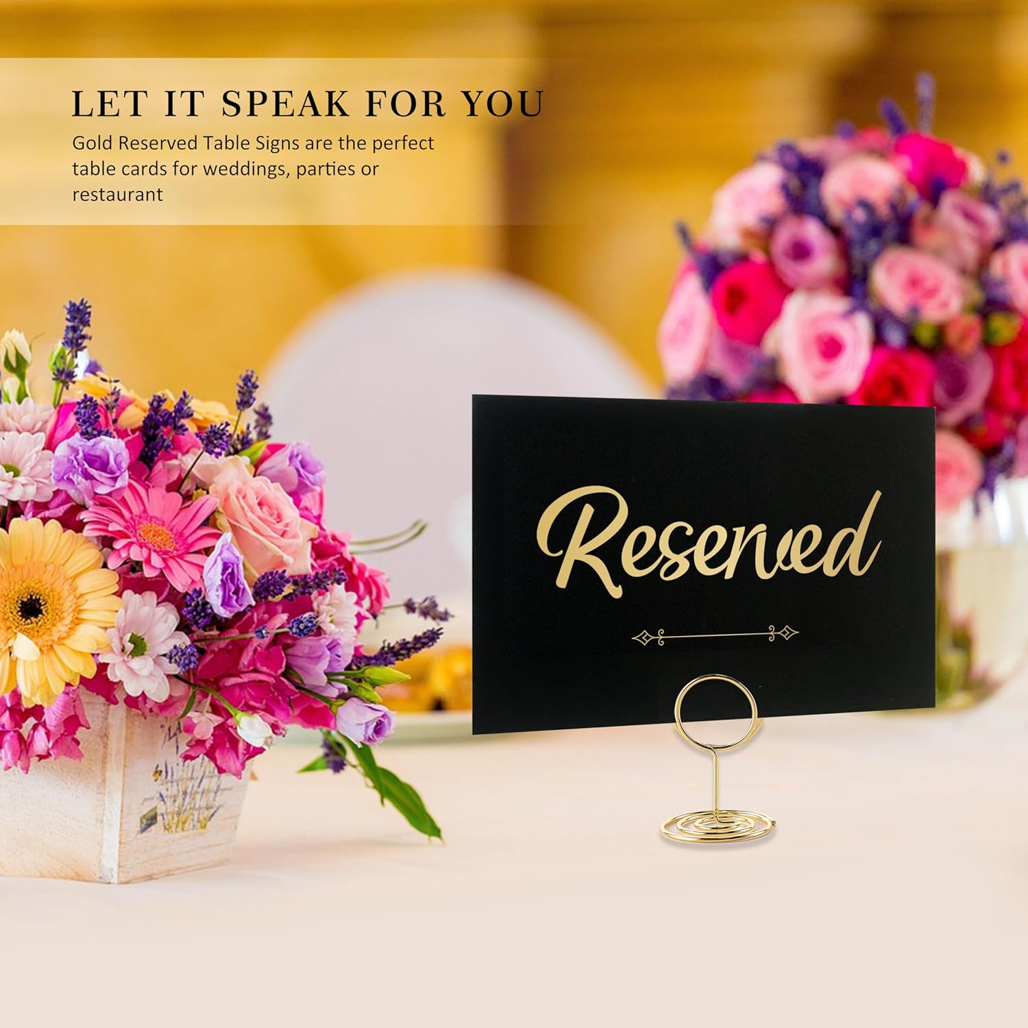 12 Pack Gold Reserved Table Signs with Stand and White Cards