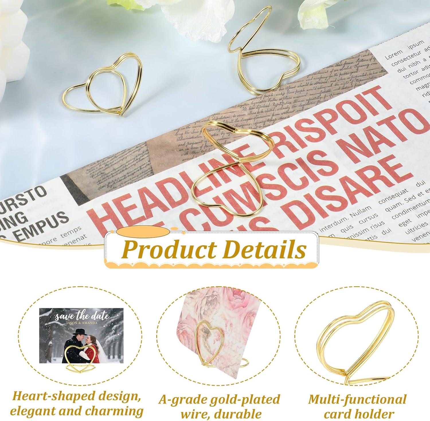 32Pcs Heart Shape Table Number Place Card Holders Gold
