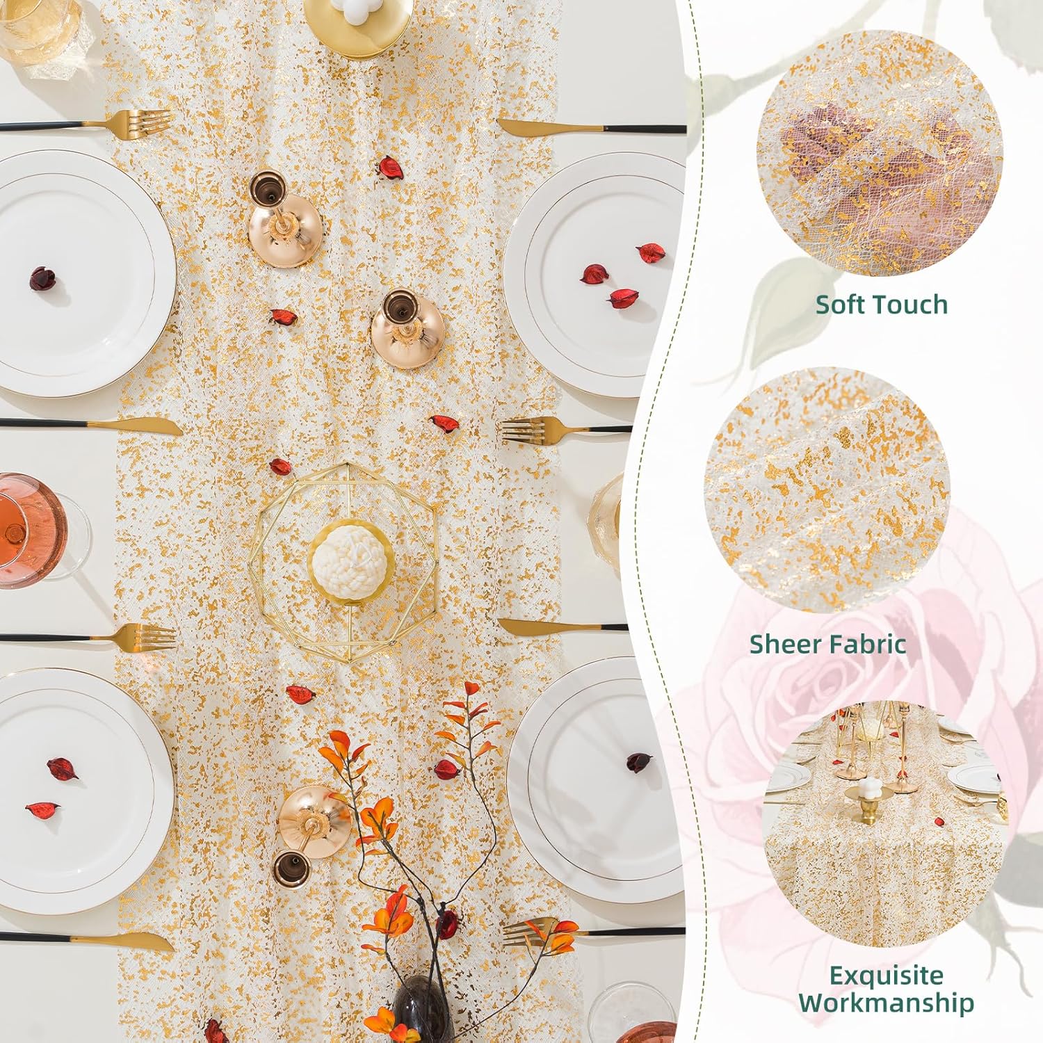 3 Pcs Gold Table Runners with Glitter Metallic Foil