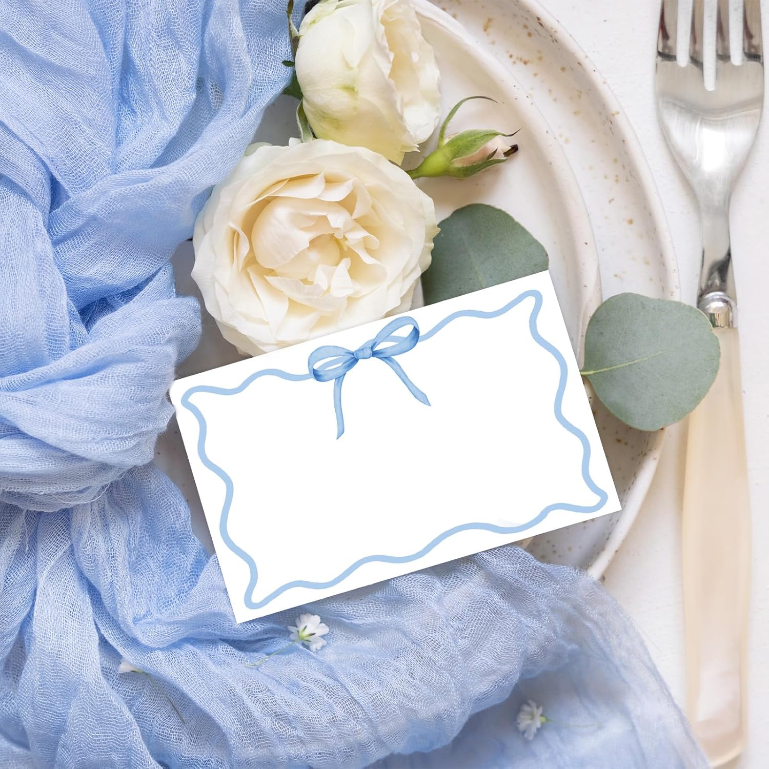 Whaline 100 Pcs Blue Bow Place Cards for Parties