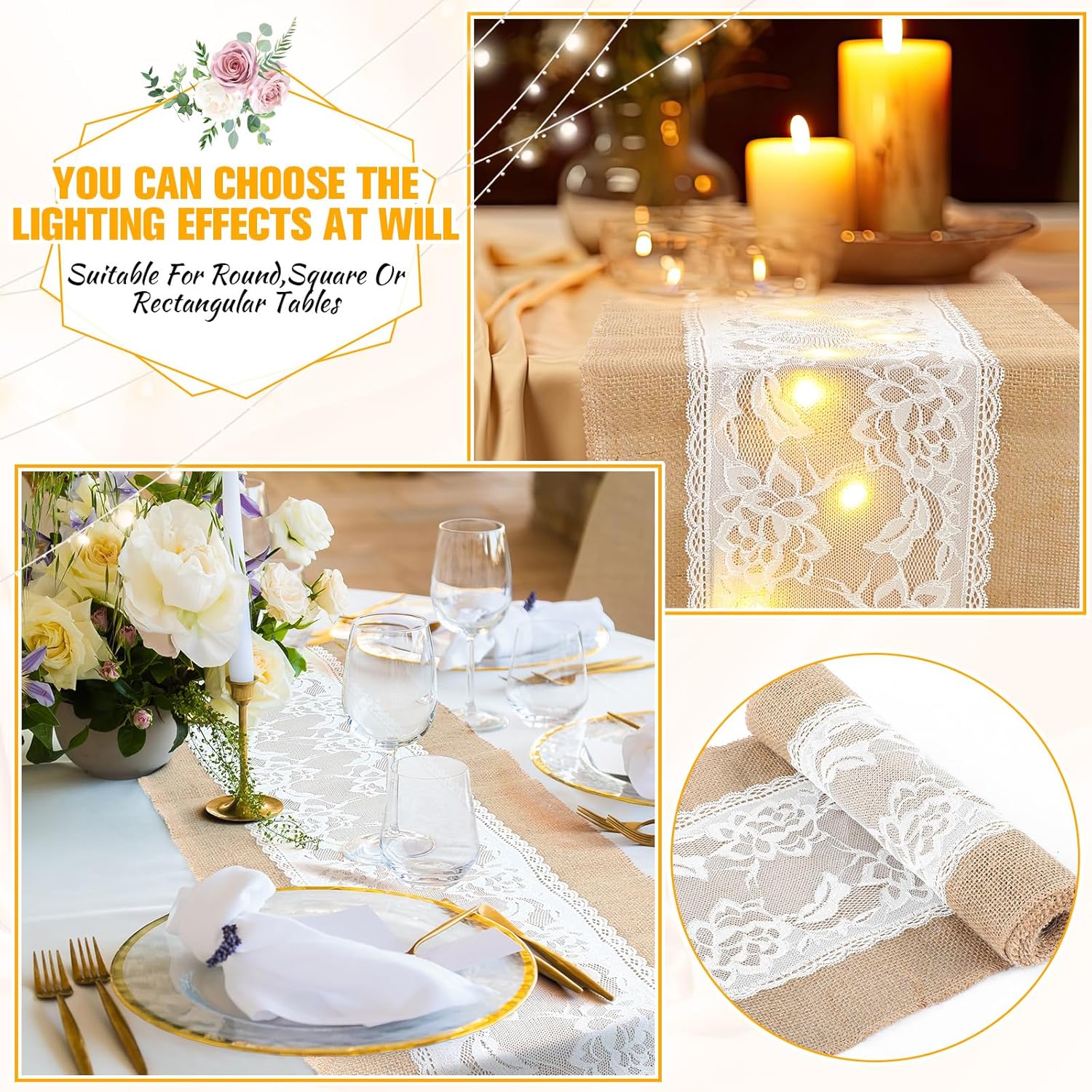 Xinnun 6 Pack Burlap Table Runner with LED Lights