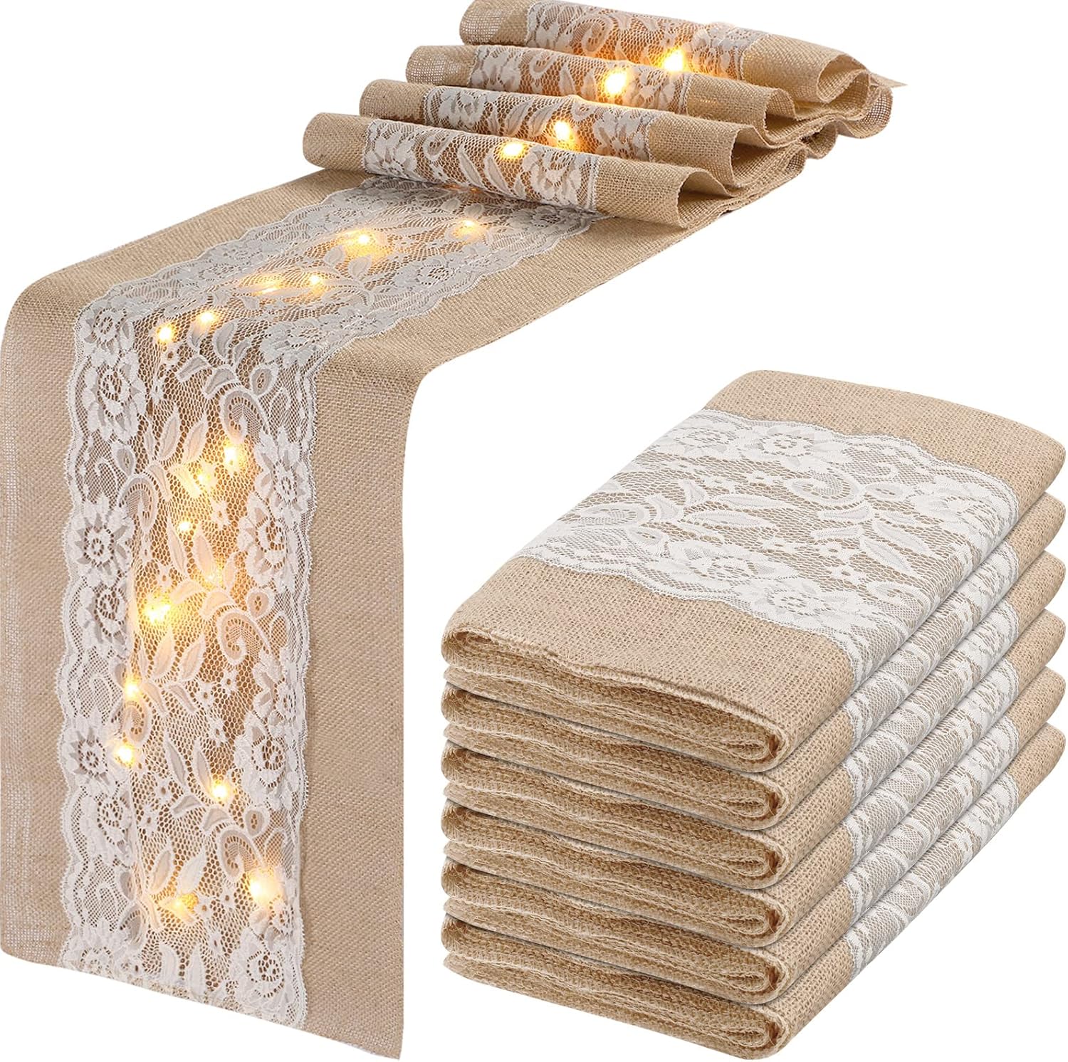 Tudomro 6 Pcs Burlap Table Runner with LED Lights 12x108 Inches