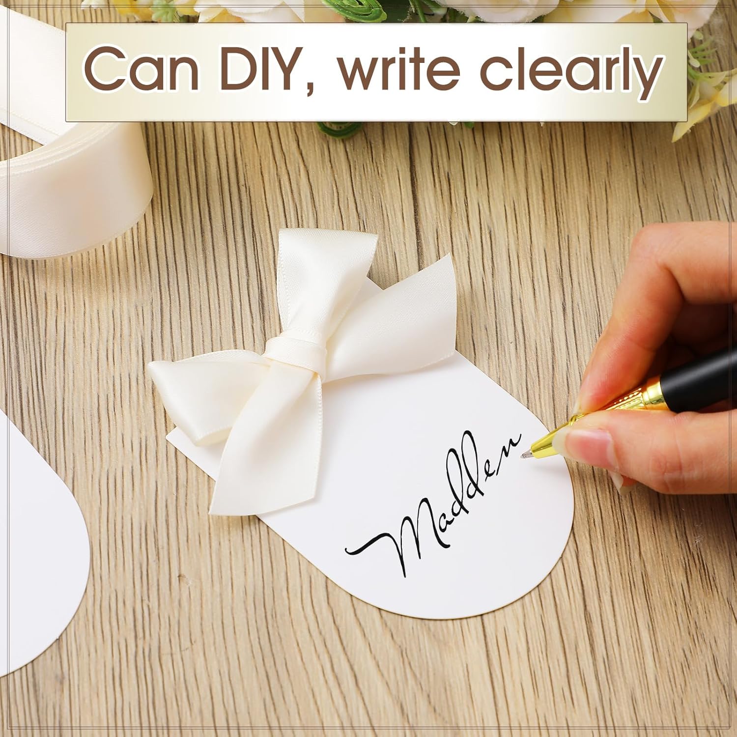 100 Pack Ivory White Wedding Place Cards with Bow Ribbon Arch Design