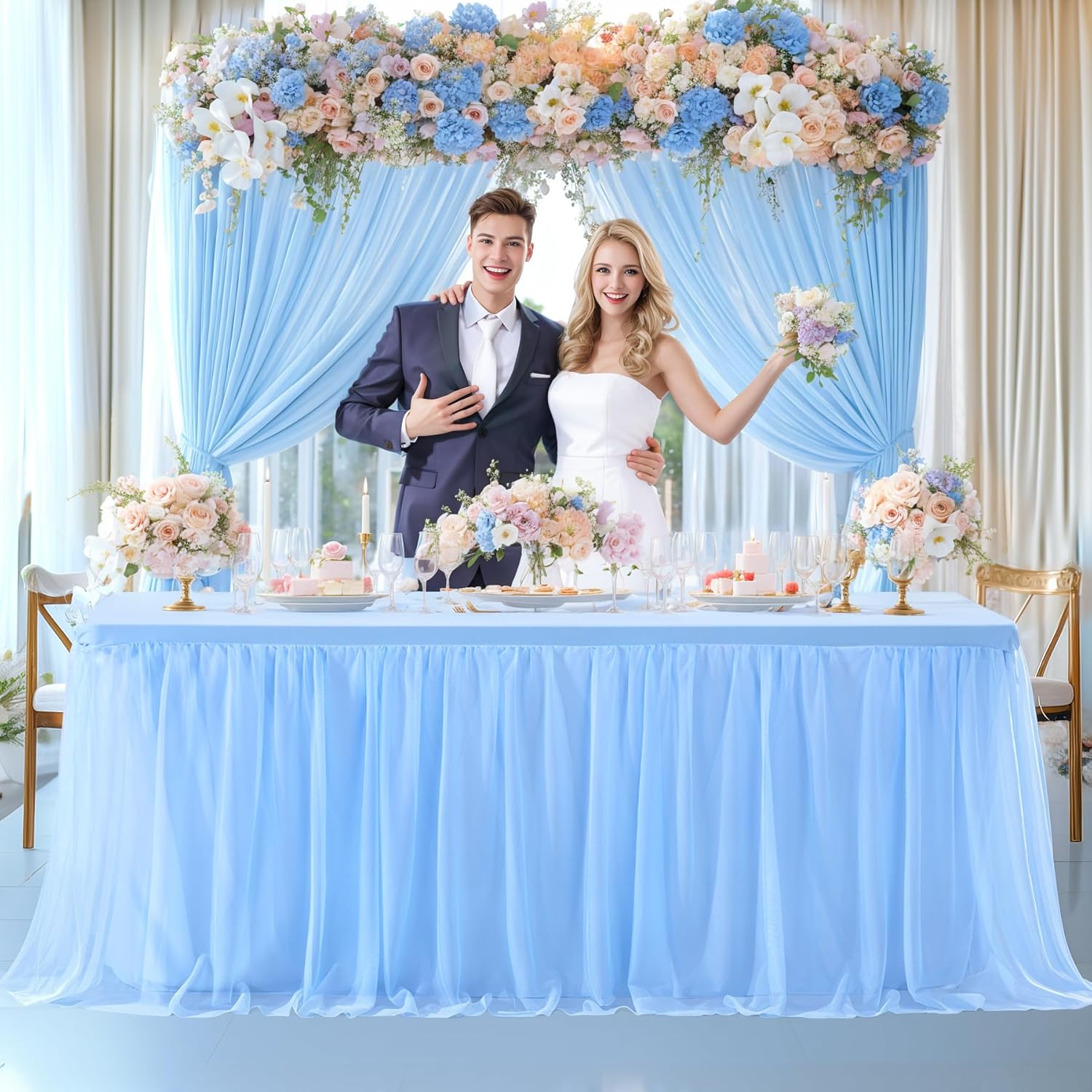 Tao-Ge Baby Blue Tulle Tablecloth for 6ft Rectangle Tables