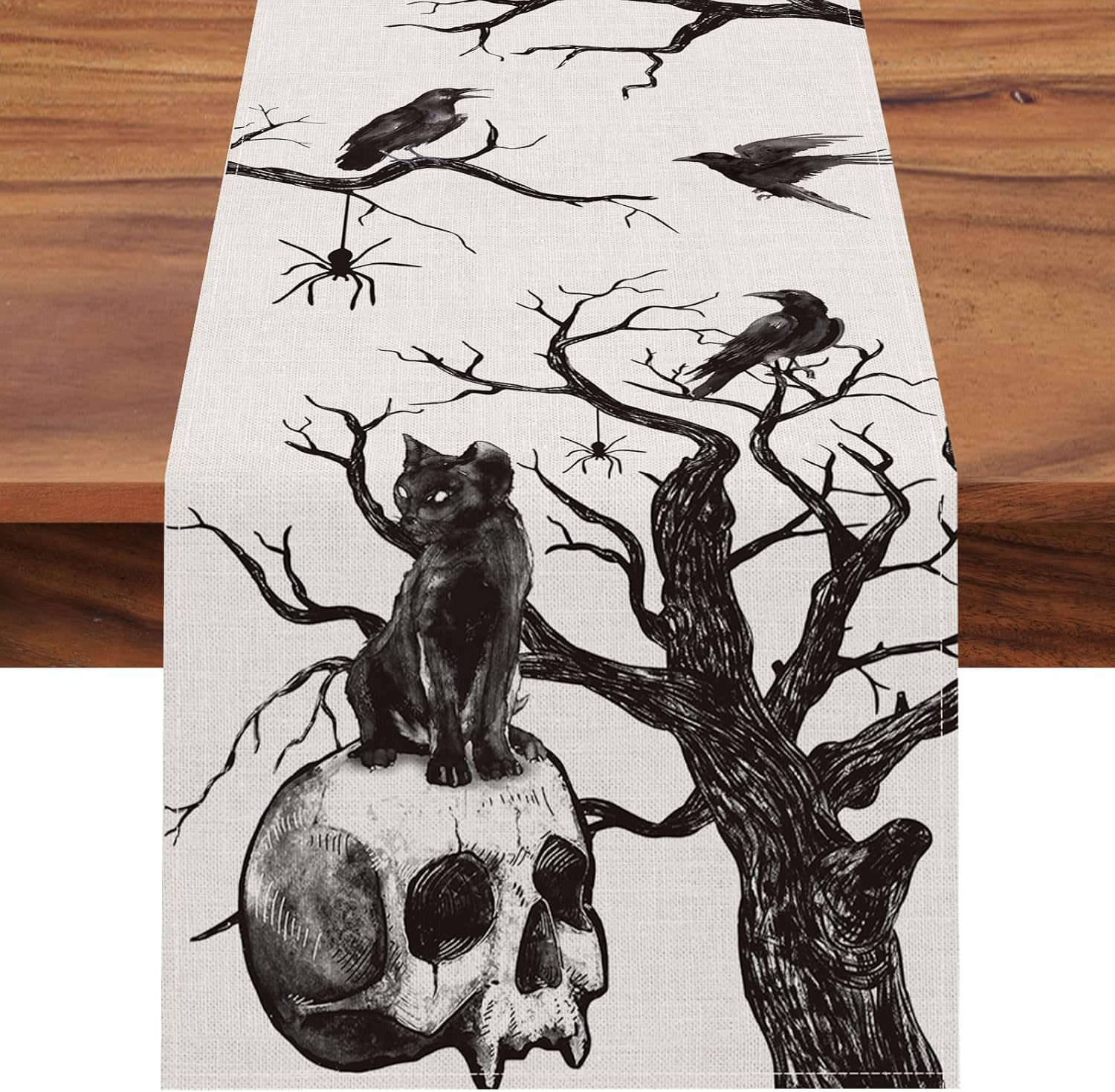 Seliem Halloween Gothic Skull Black Cat Table Runner 13x72 Inches