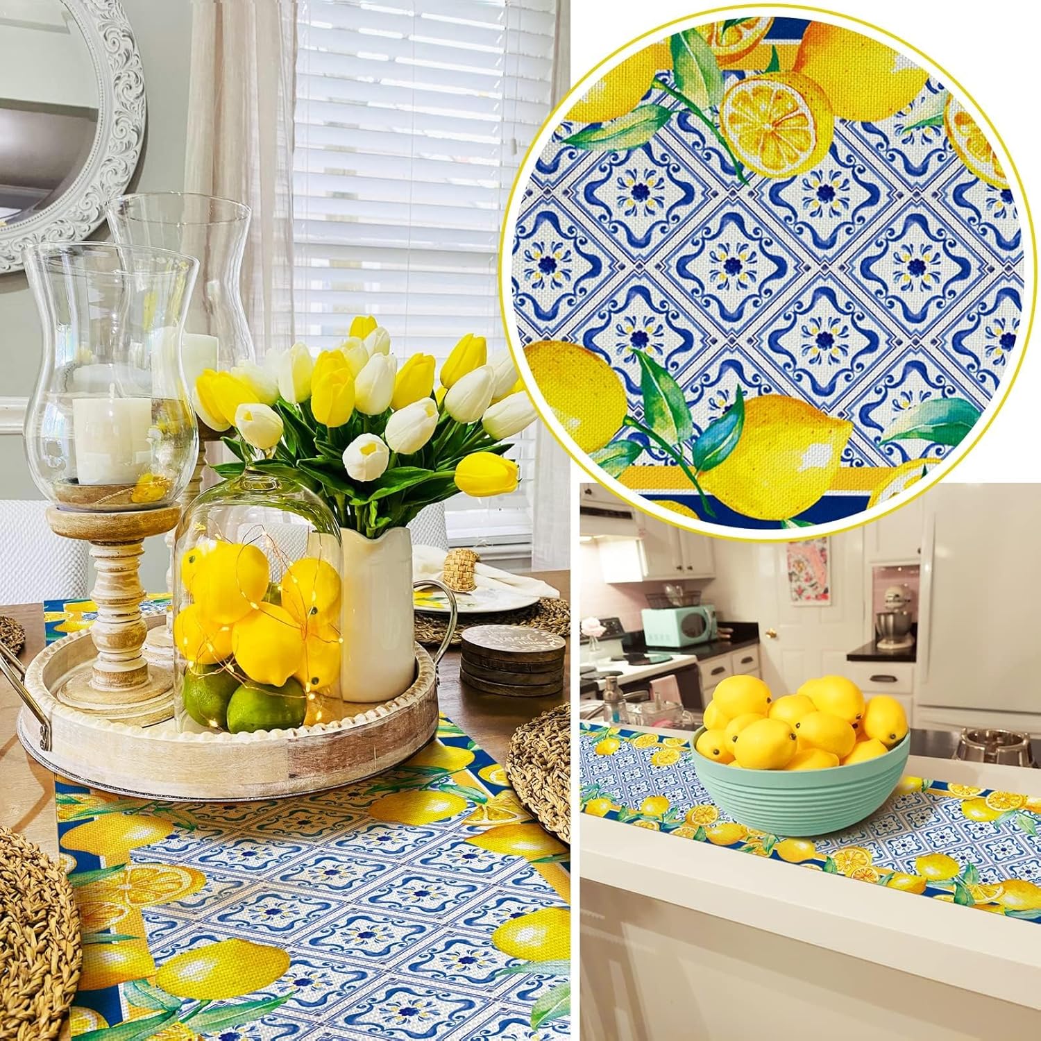 WHOMEAF Capri Blue Lemon Table Runner 13x108 Inch