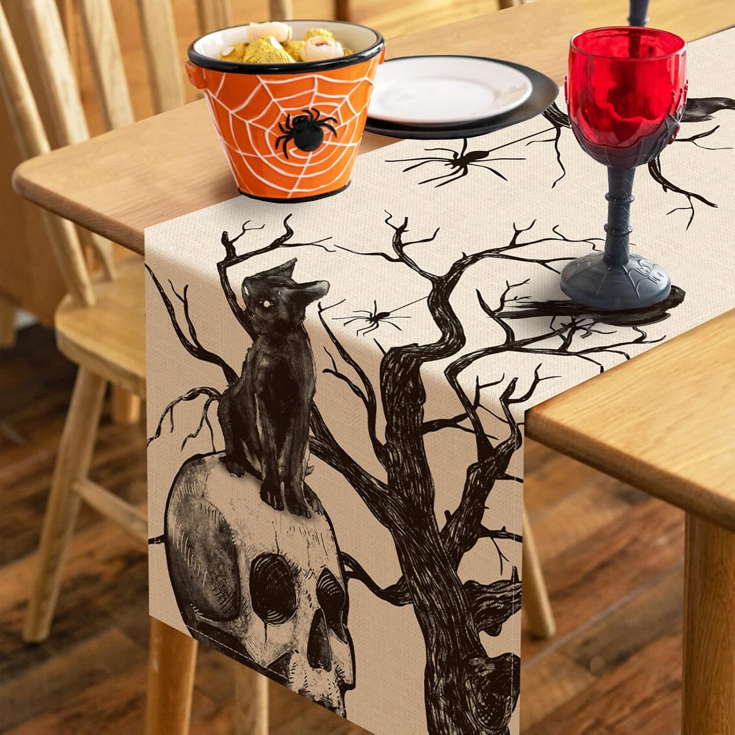 Seliem Halloween Gothic Skull Black Cat Table Runner 13x72 Inches
