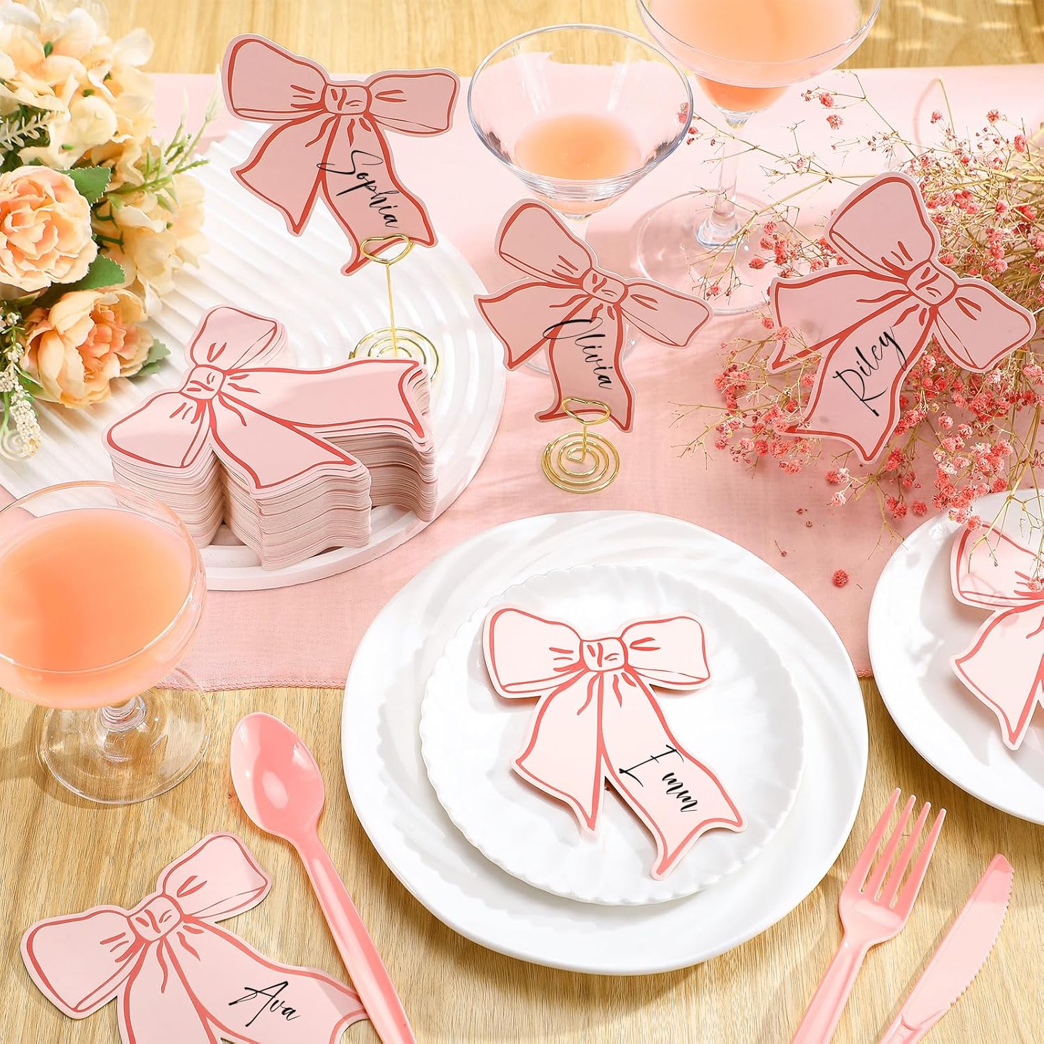 120 Pcs Pink Bow Place Cards for Parties and Events