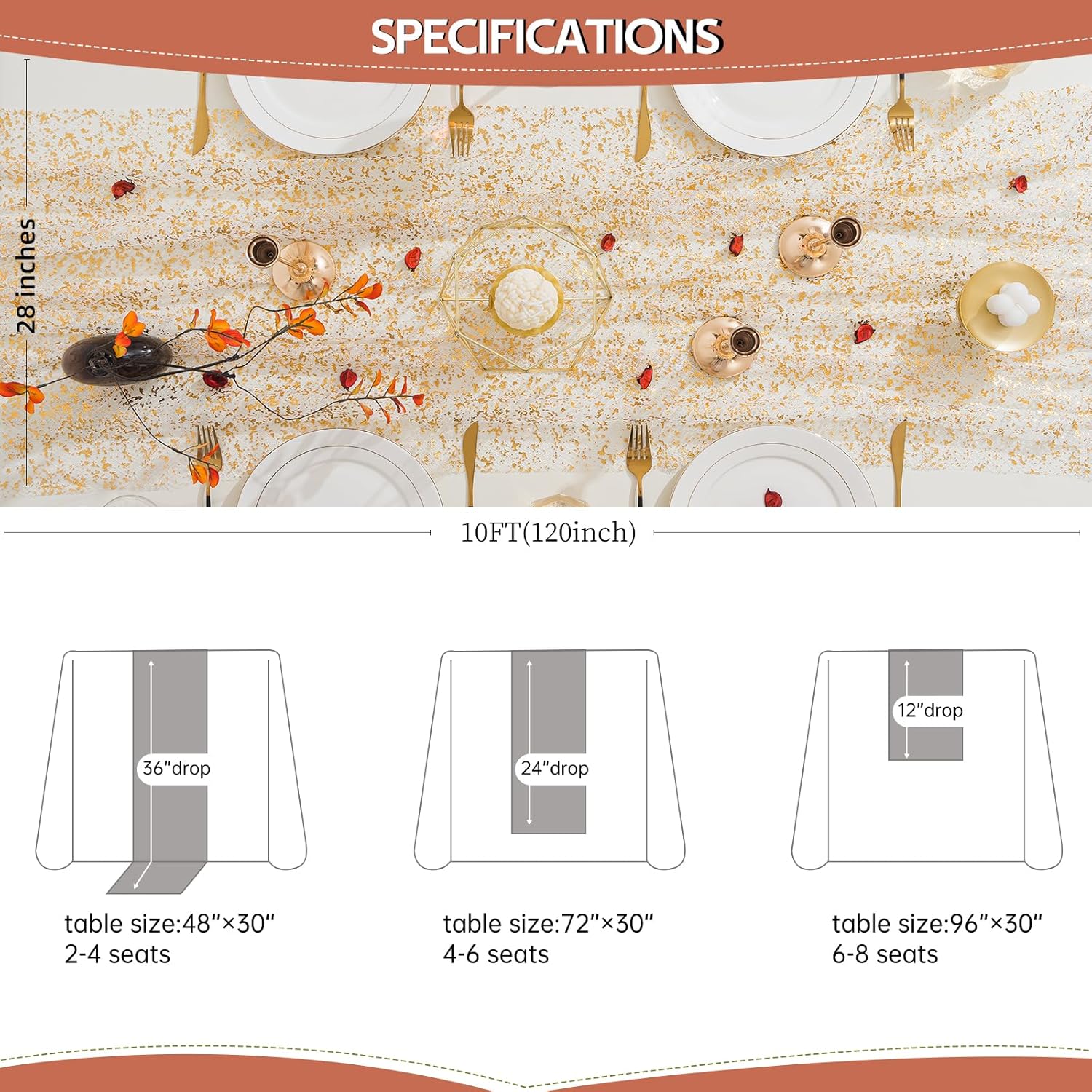 3 Pcs Gold Table Runners with Glitter Metallic Foil