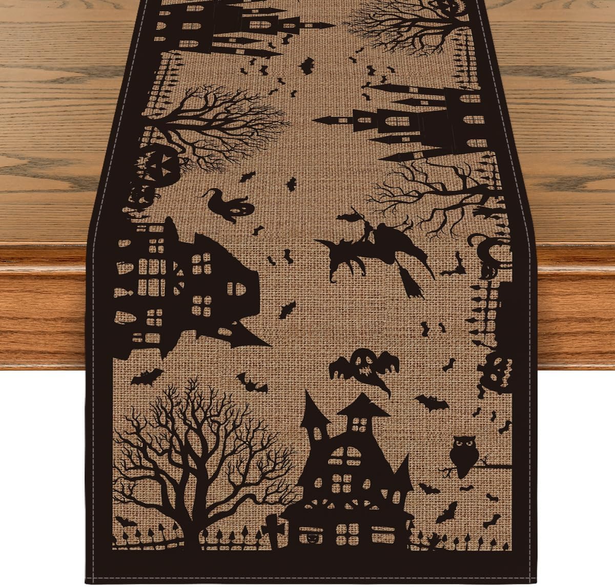 Artoid Mode Black Tan Spooky Haunted House Table Runner 13x72 Inch