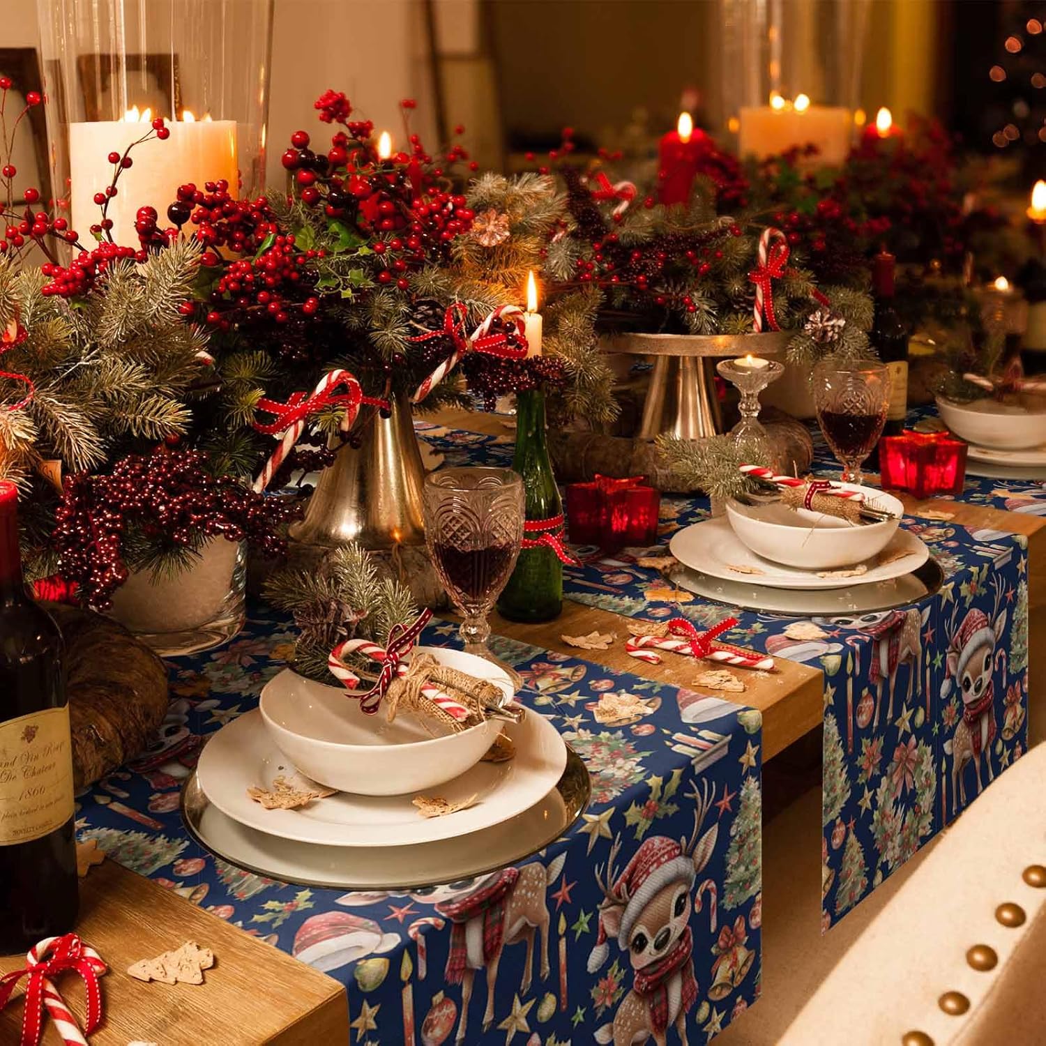 Navy Blue Reindeer Table Runner Garland for Holiday Decor