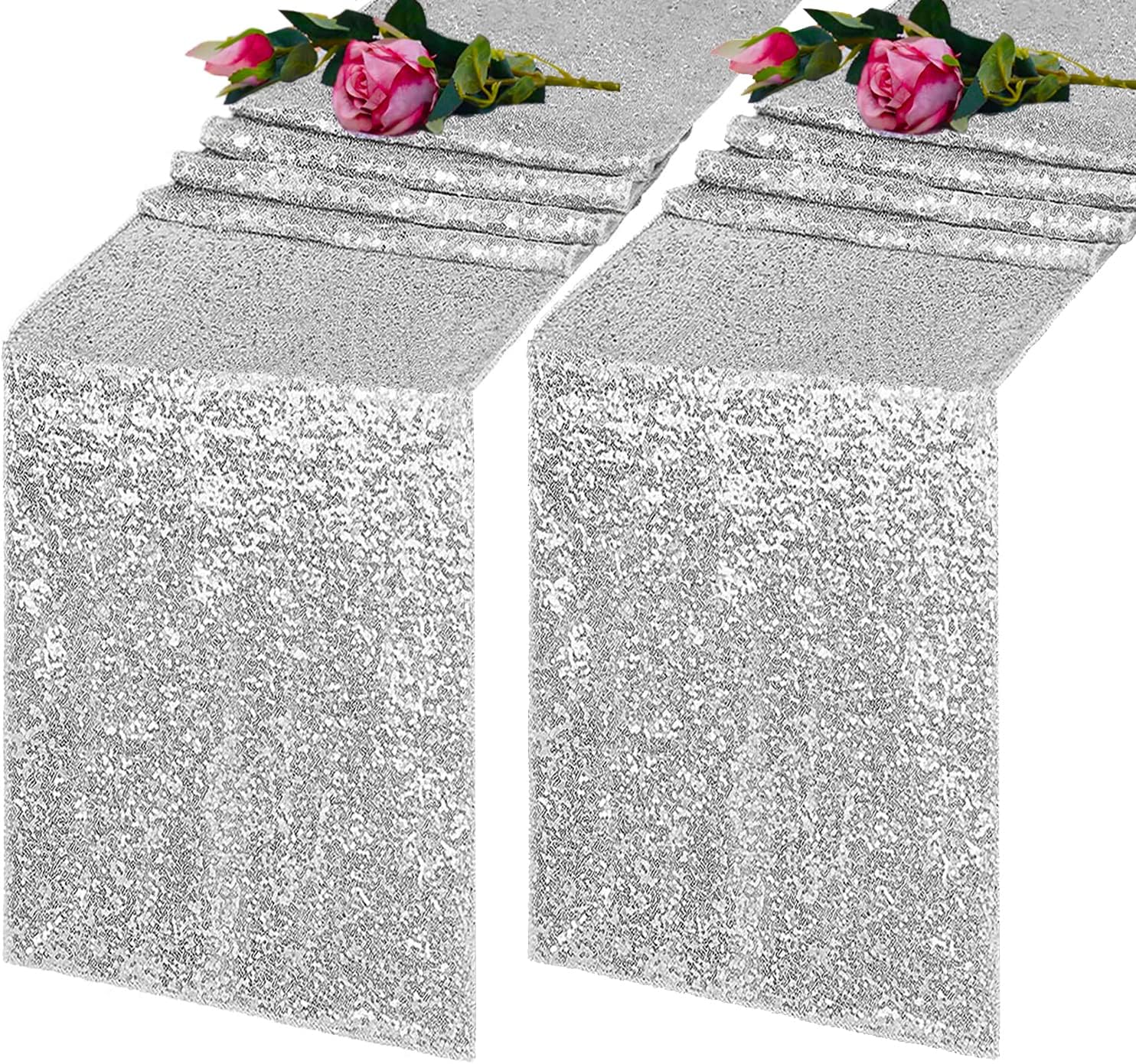 Silver Sequin Table Runner 2 Pack 12x72 Glitter Linen Runner