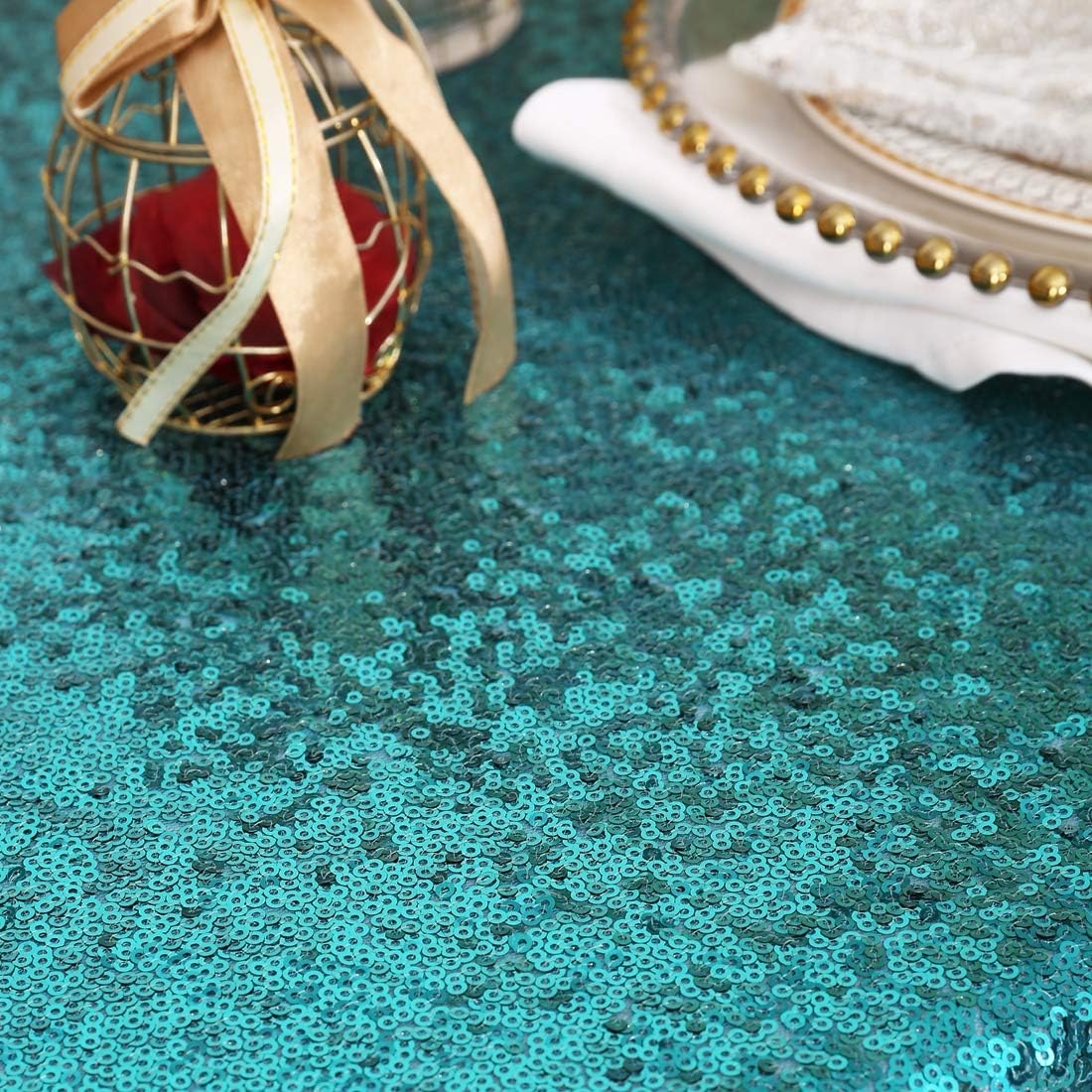 Eternal Beauty Teal Sequin Tablecloth 72x108 inch Sparkly Overlay
