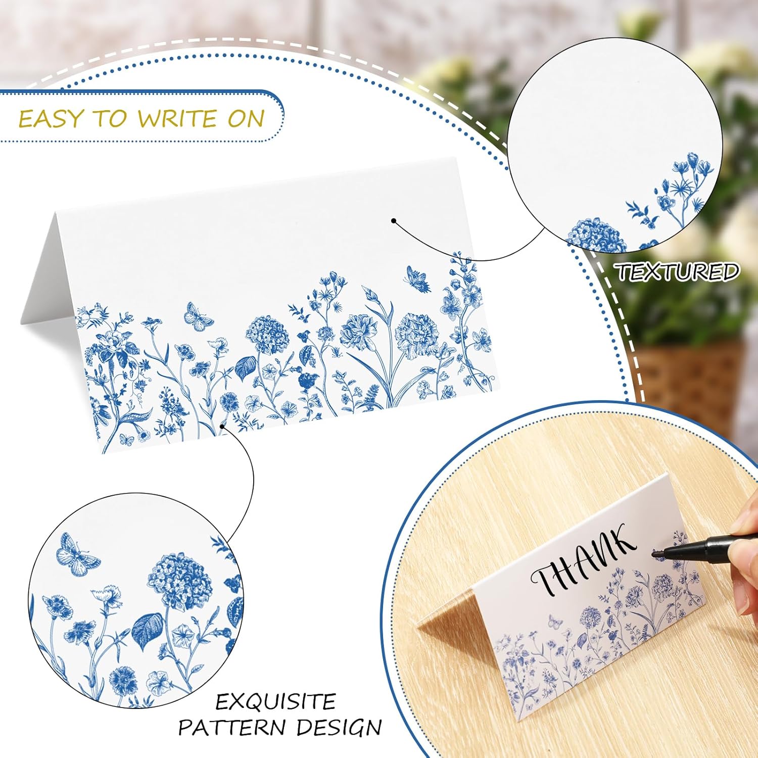 Whaline 100 Pcs Blue Floral Place Cards