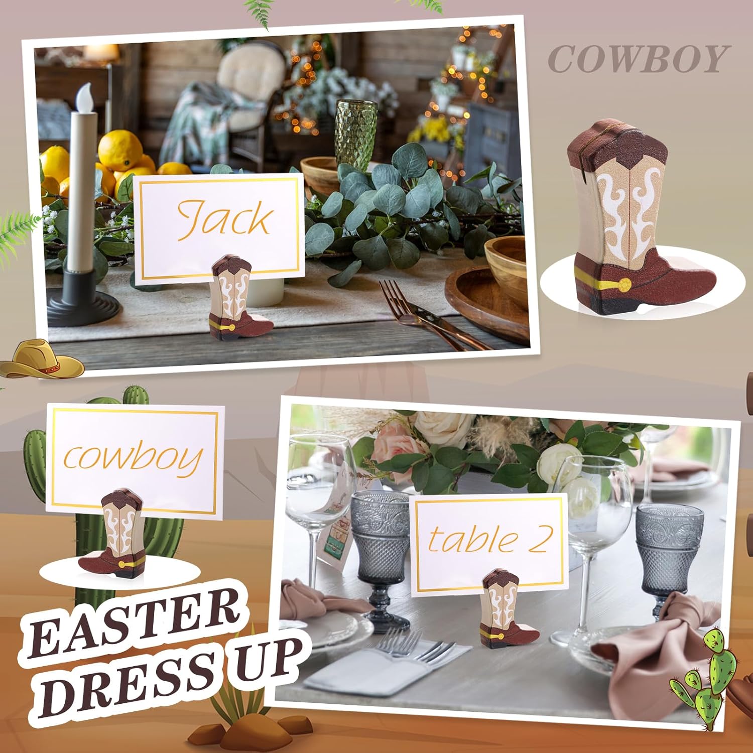 Kigley 18 Pcs Wooden Cowboy Boots Place Card Holders