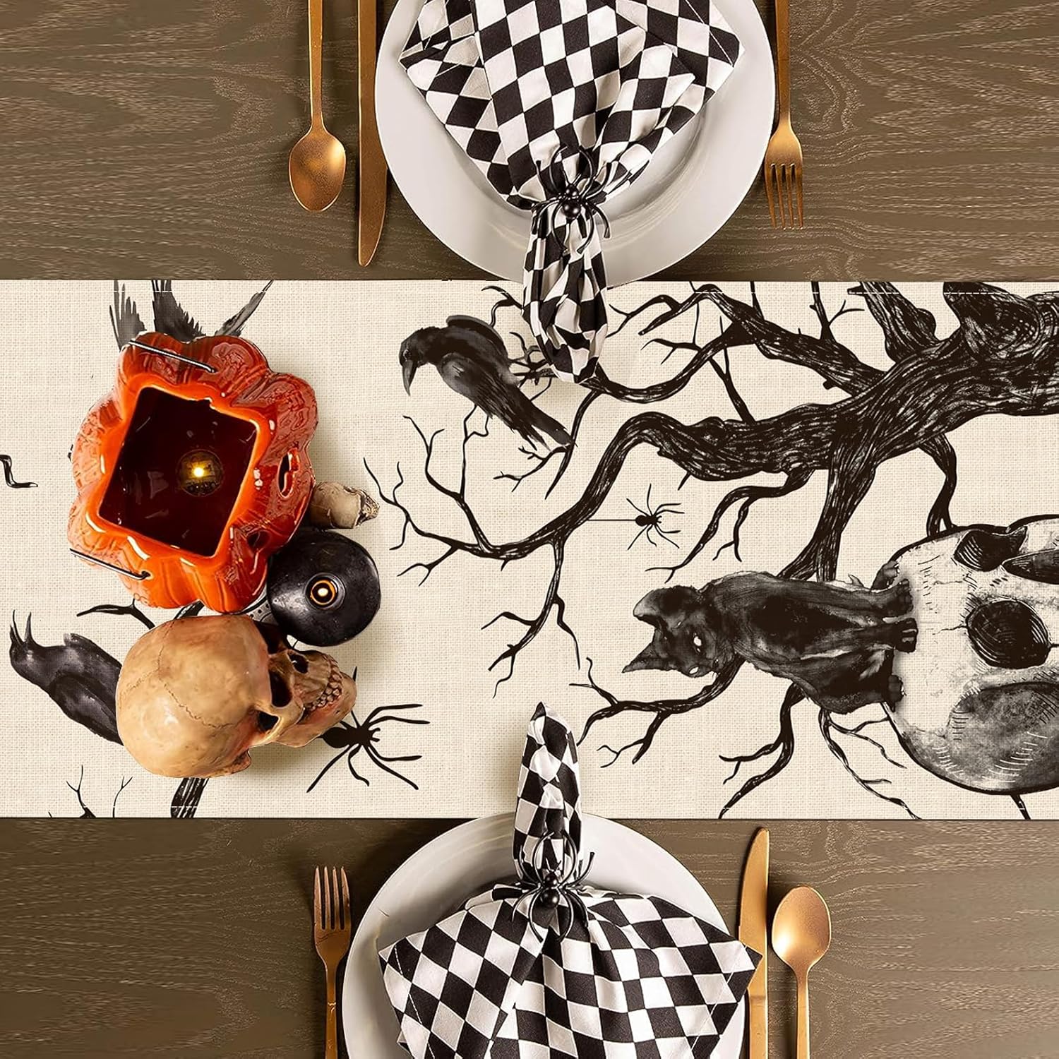 Seliem Halloween Gothic Skull Black Cat Table Runner 13x72 Inches