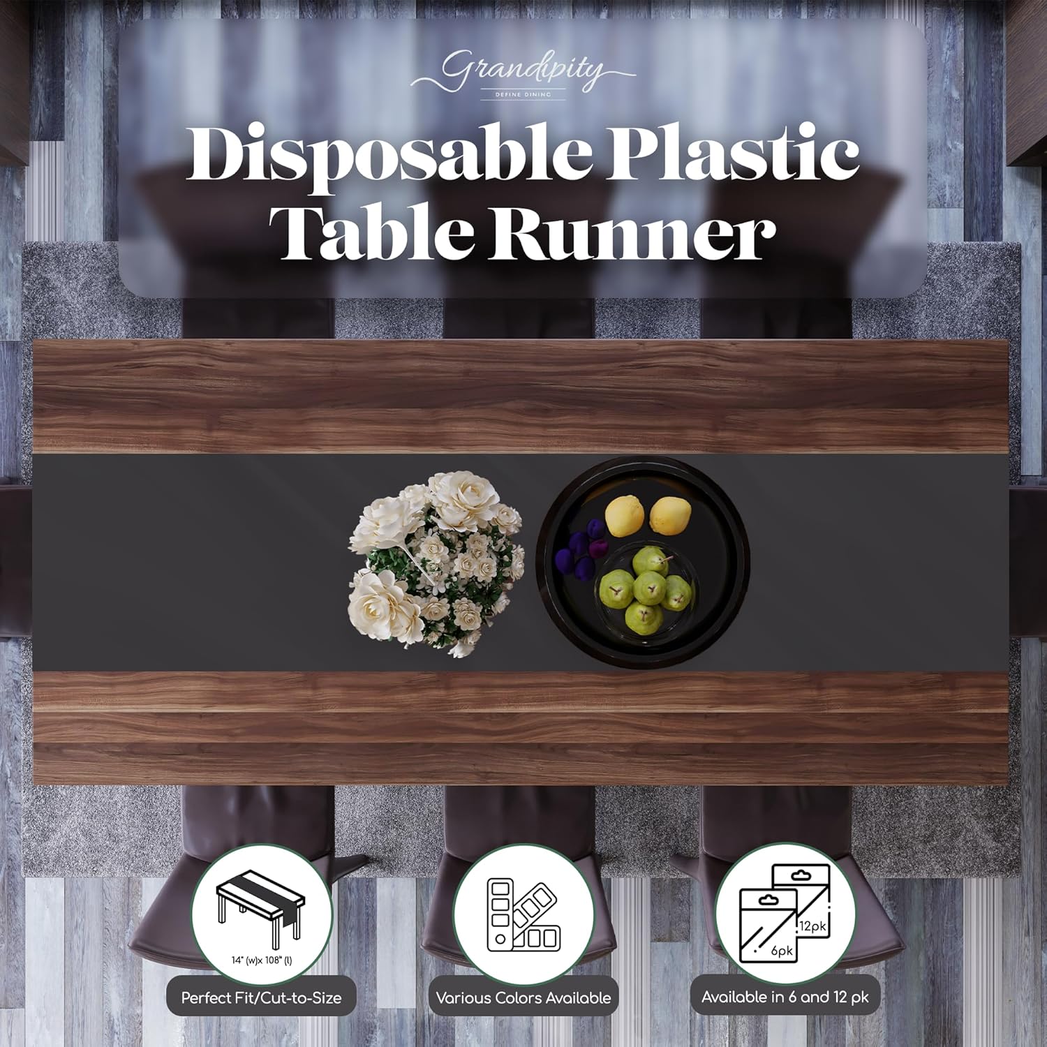 Dark Grey 6 Pack Premium Disposable Table Runner 14 x 108 Inch