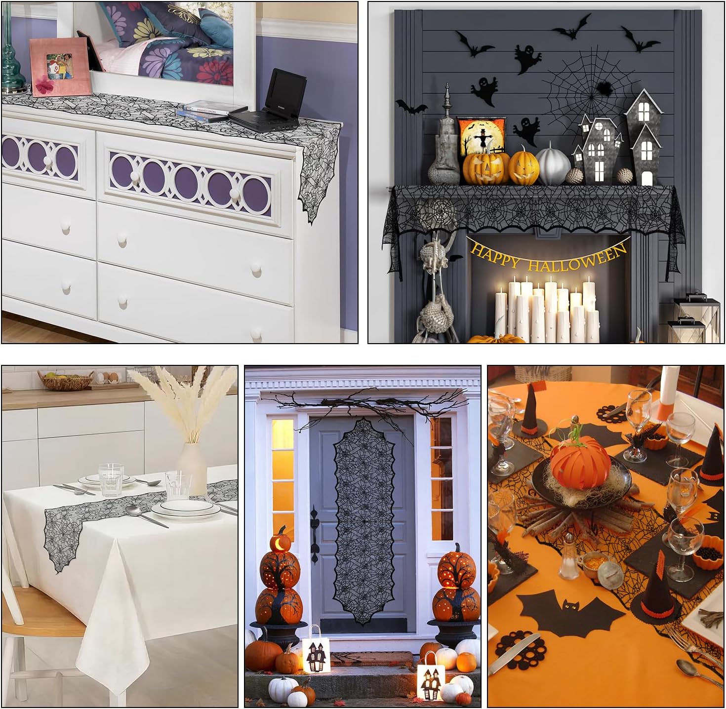 Cytokio Halloween Table Runner Black Lace Spider Web 18x72 Inch