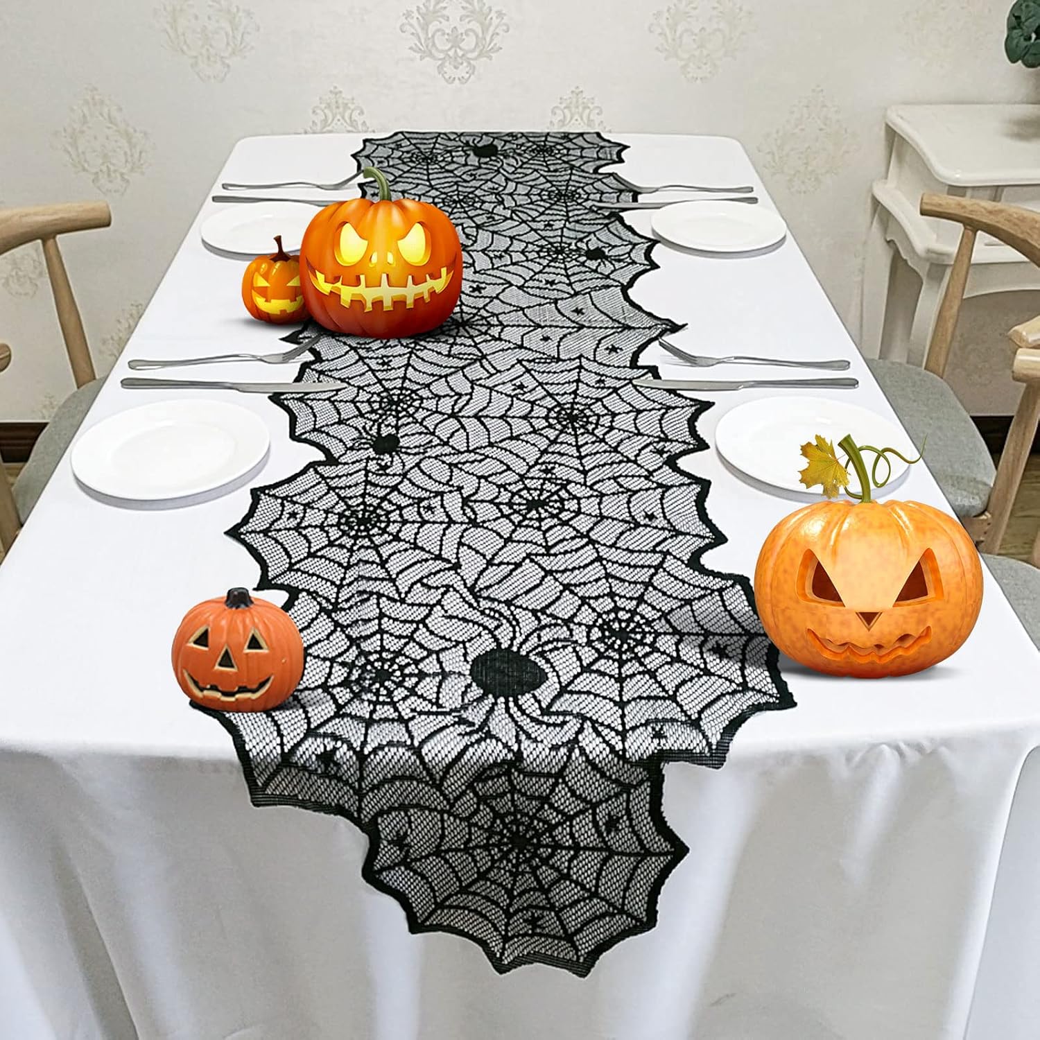 Halloween Table Runner - Black Lace Spider Web for Decor