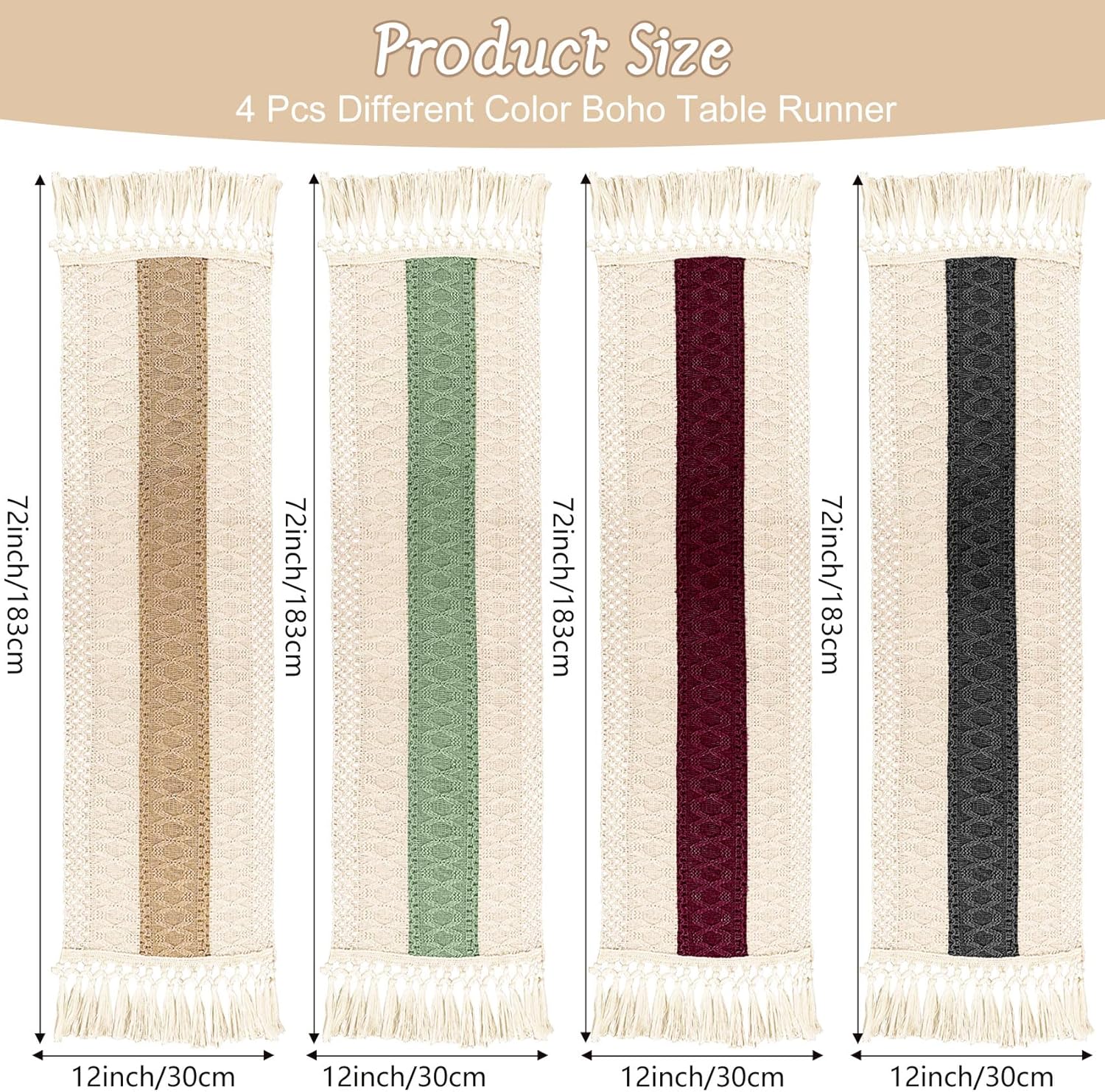 4 Piece Boho Table Runner with Tassels Rustic Farmhouse Decor