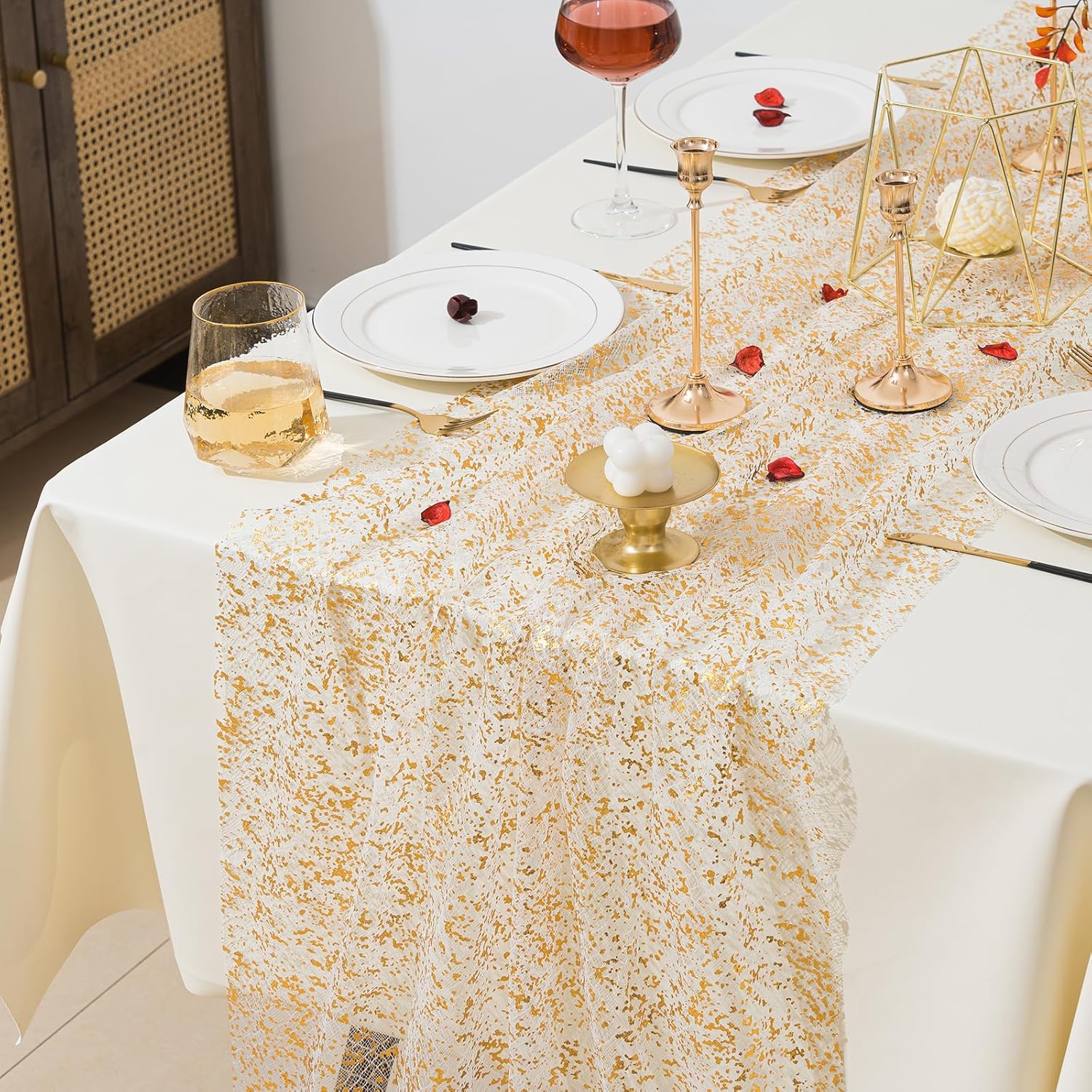 3 Pcs Gold Table Runners with Glitter Metallic Foil
