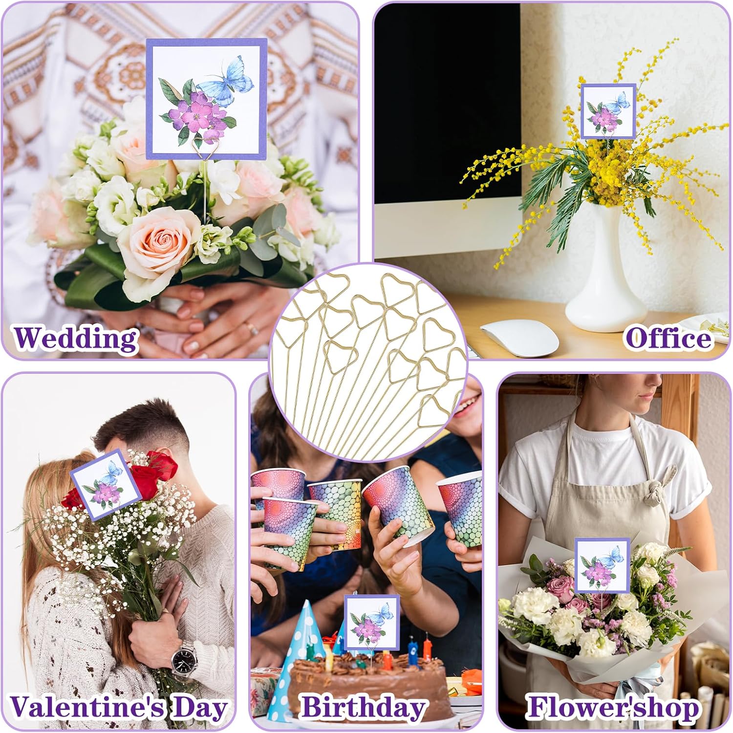 20Pcs Heart Shape Flower Card Holder Stick for Wedding and Party