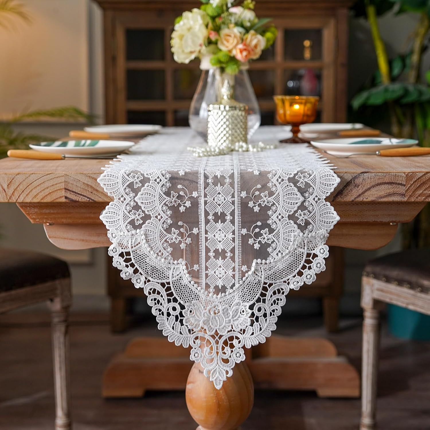 SUTAVIA White Lace Embroidery Table Runner for Home Kitchen Wedding Party