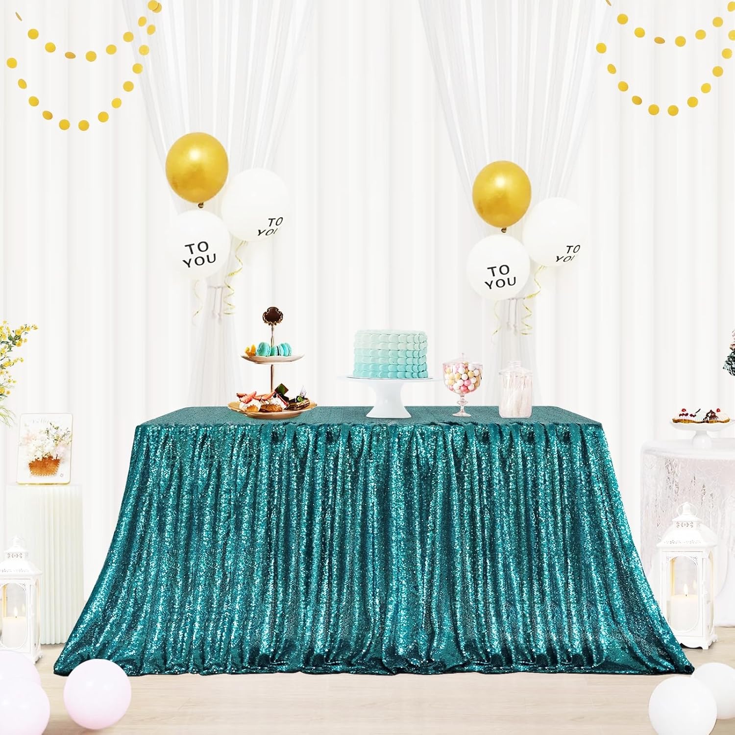 Eternal Beauty Teal Sequin Tablecloth 72x108 inch Sparkly Overlay