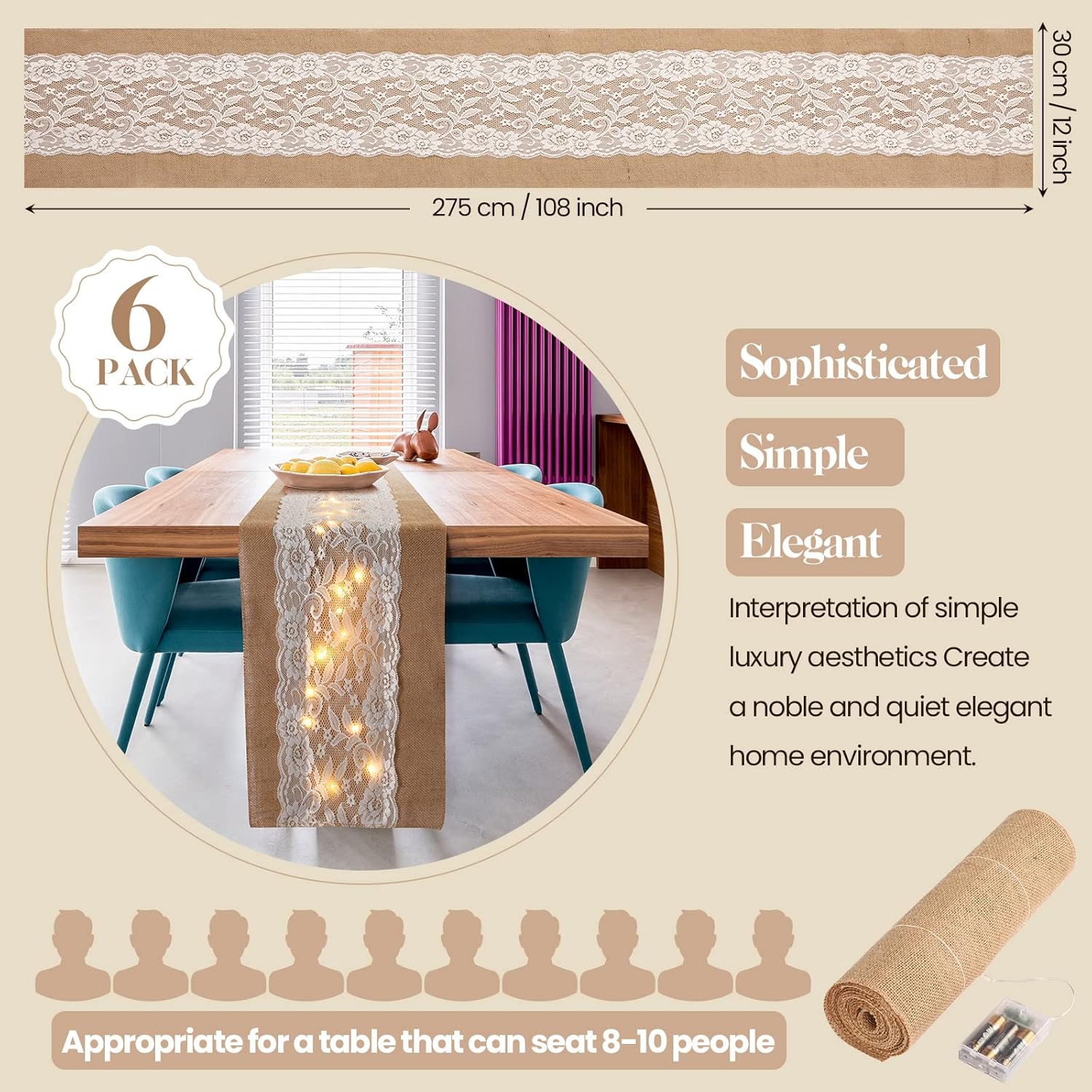 Tudomro 6 Pcs Burlap Table Runner with LED Lights 12x108 Inches