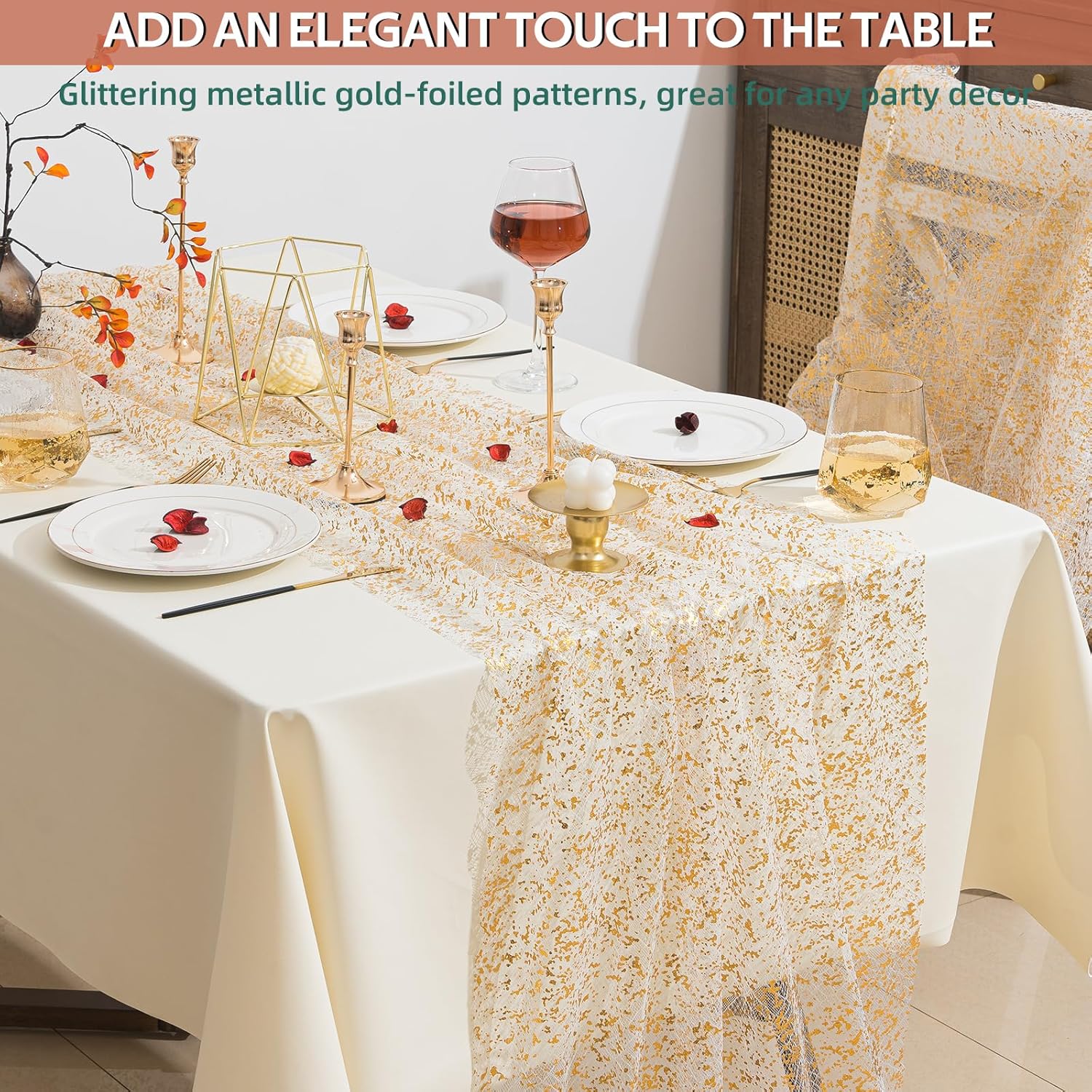 3 Pcs Gold Table Runners with Glitter Metallic Foil