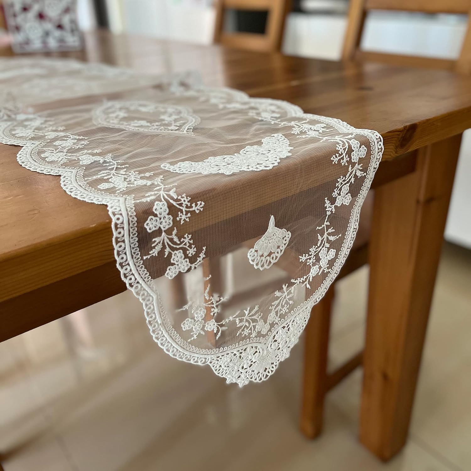 White Lace Table Runner with Flower Embroidery 12x59